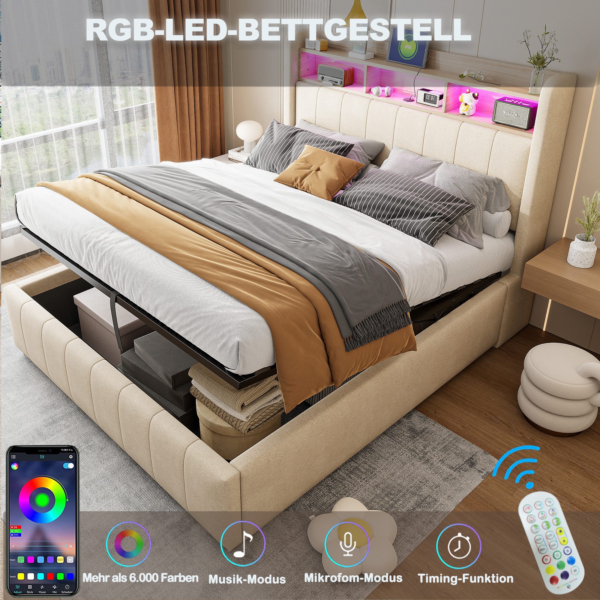 OKWISH Polsterbett Doppelbett, mit hydraulisches Stauraum (mit Kopfteil Ein günstig online kaufen