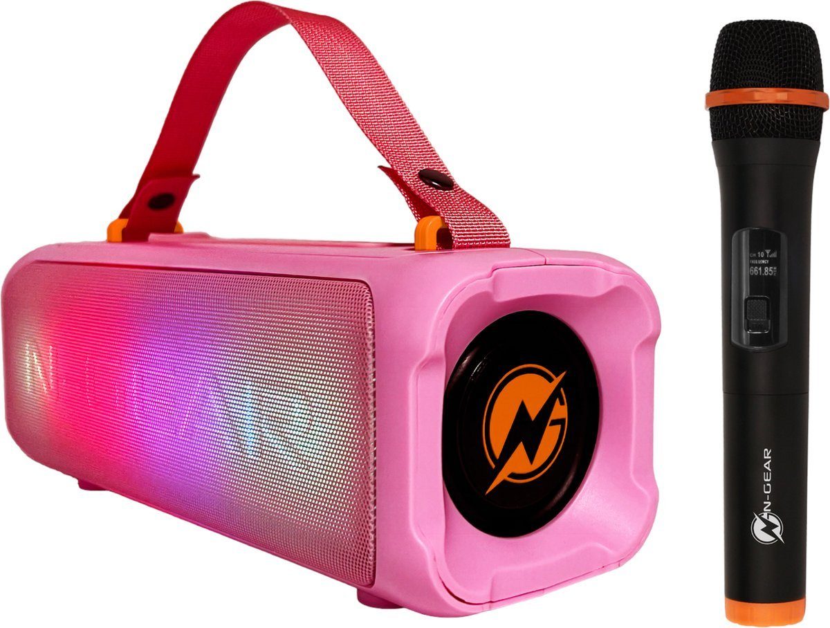 N-GEAR Blazooka 703P – Tragbarer Bluetooth-Lautsprecher – Karaoke-Set - Pink Bluetooth-Lautsprecher (mit Mikrofon und Beleuchtung) | Lautsprecher