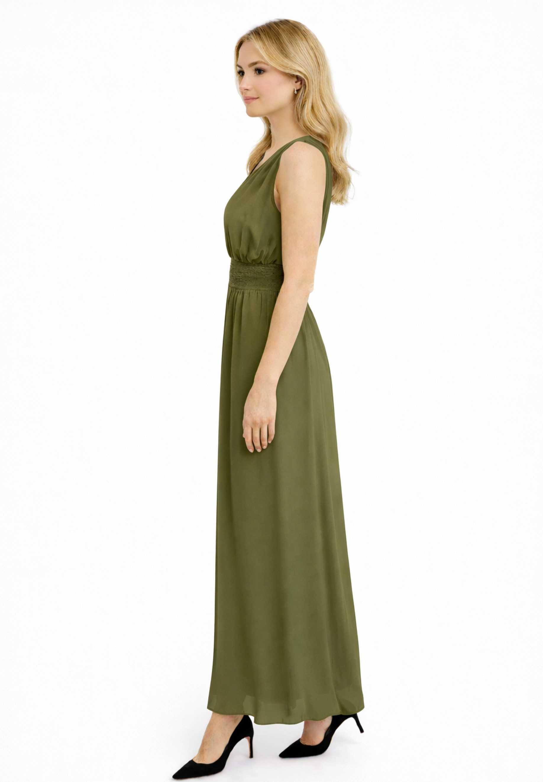 Elara Maxikleid Damen Langkleid mit V-Ausschnitt und gesmokter Taille im Wrap Look – Bild 2 von 3