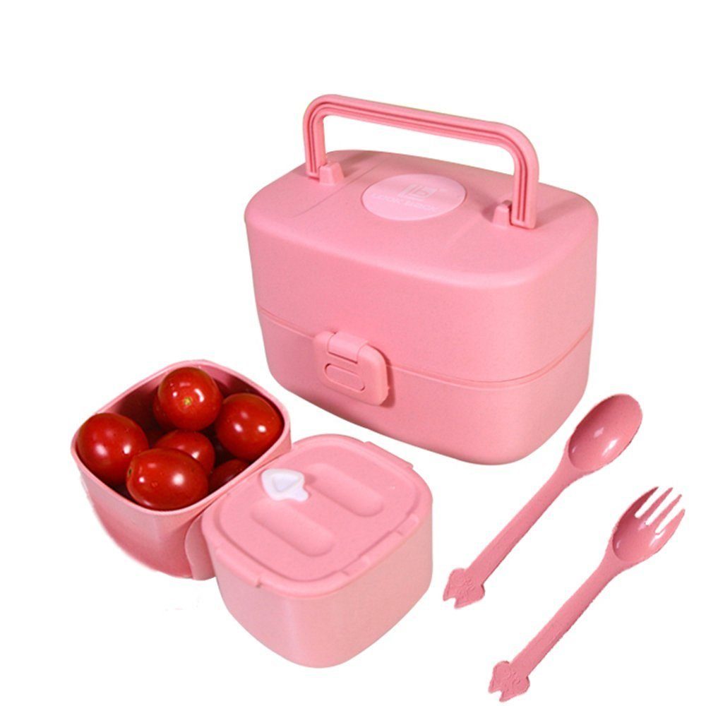 JOEAIS Lunchbox Lunchbox Bentobox für Kinder Löffelgabel Lunchbehälter 3-integrierte, 860ml Nachhaltige Brotdose mit Fächern Lebensmittel-safe Materialien B-Rosa