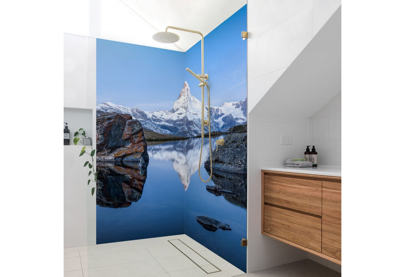 Thumbnail - Bilderdepot24 Duschrückwand Natur blau Duschrückwand ohne Bohren Landschaft Stadt, (2-tlg., 0,61 mm starke Folie selbstk...