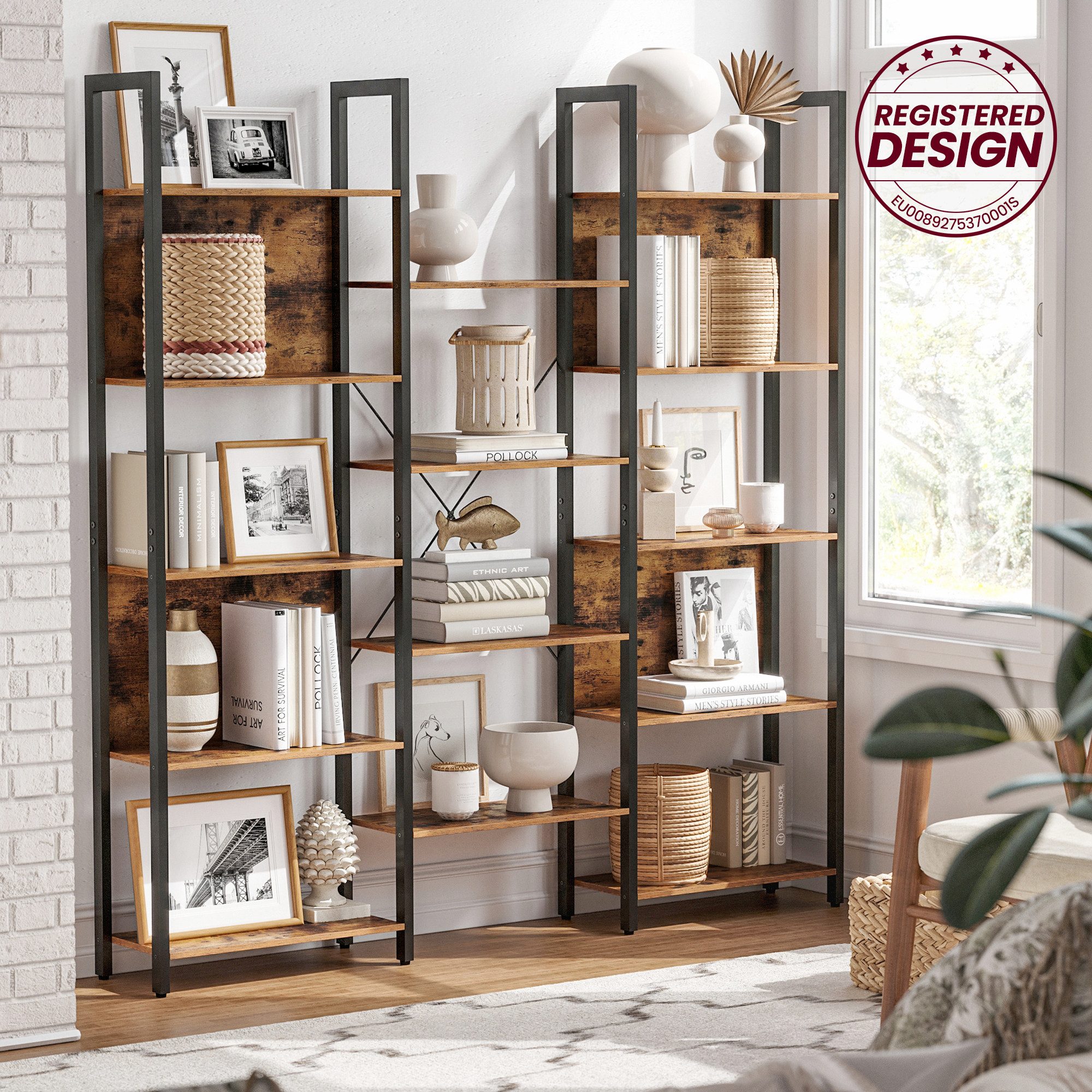 VASAGLE Bücherregal, mit 14 Ablagen, Regal mit Metallrahmen, für Wohnzimmer, Büro