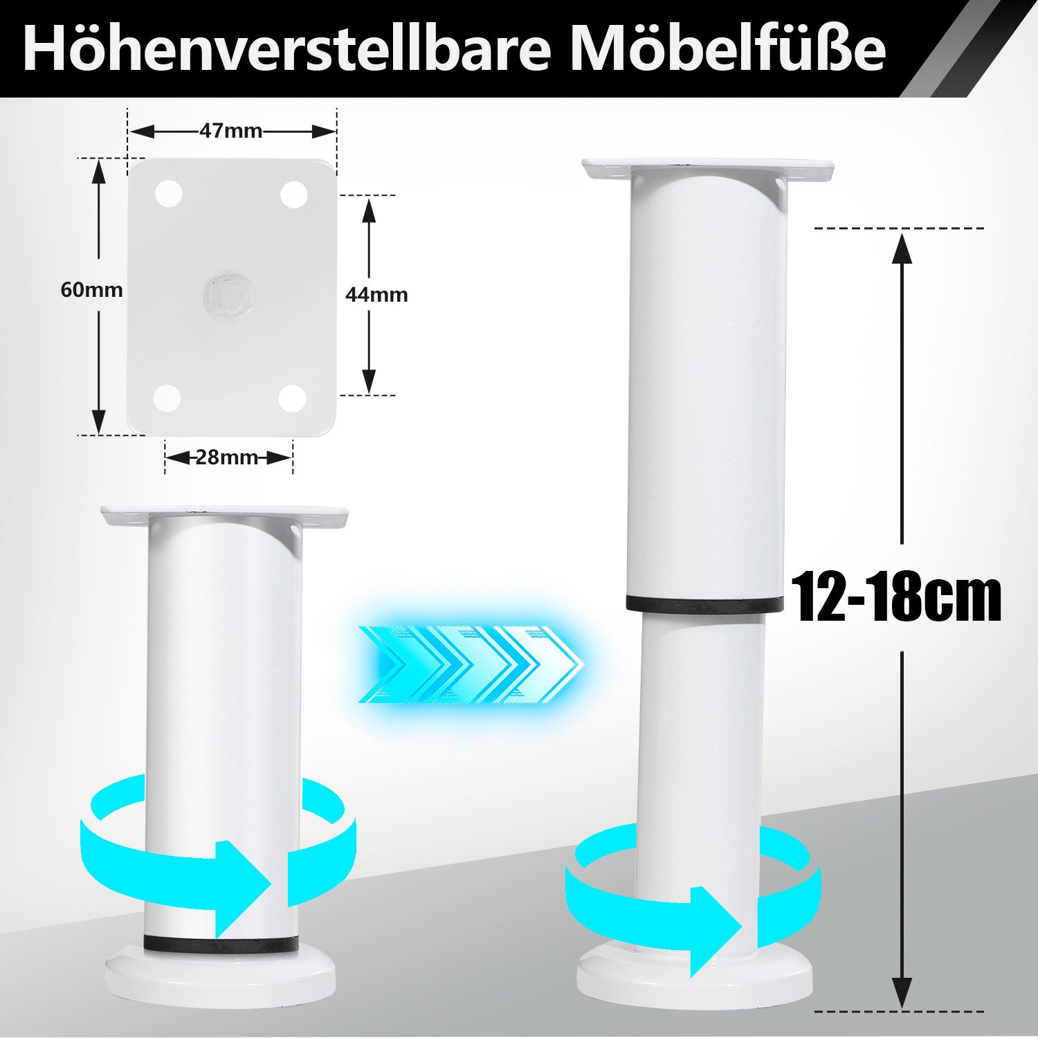 Clanmacy Möbelfuß 4X Möbelfüße 12-18cm Dehnbar( Weiß) Verstellbar Hotel Sockelfüße Füße – Bild 2 von 5