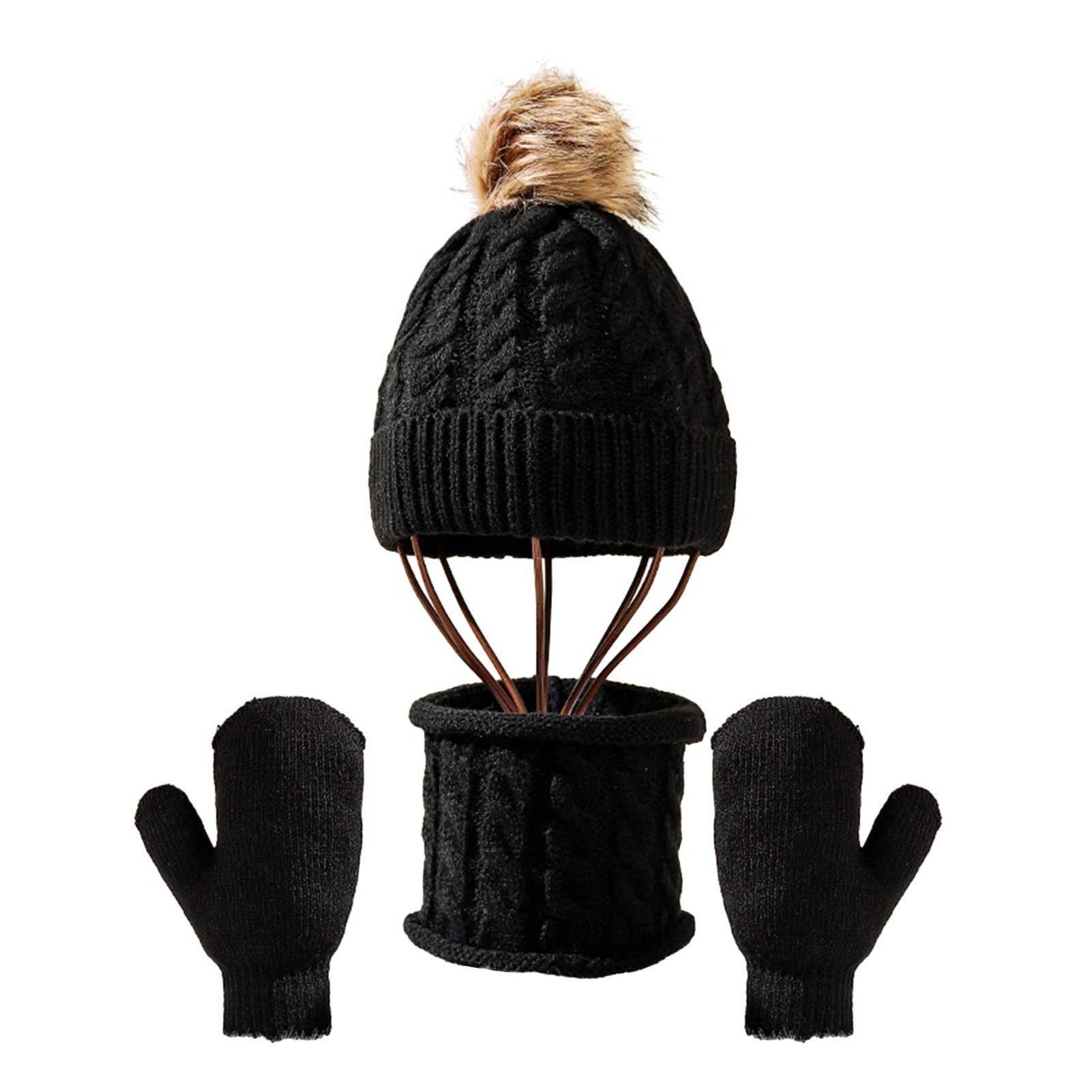 Rutaqian Strickmütze Kinder Wintermütze Schal Winter runder Hut Beanie für Warme Beige Handschuhe Schal Mädchen Set Handschuhe Kinder Set