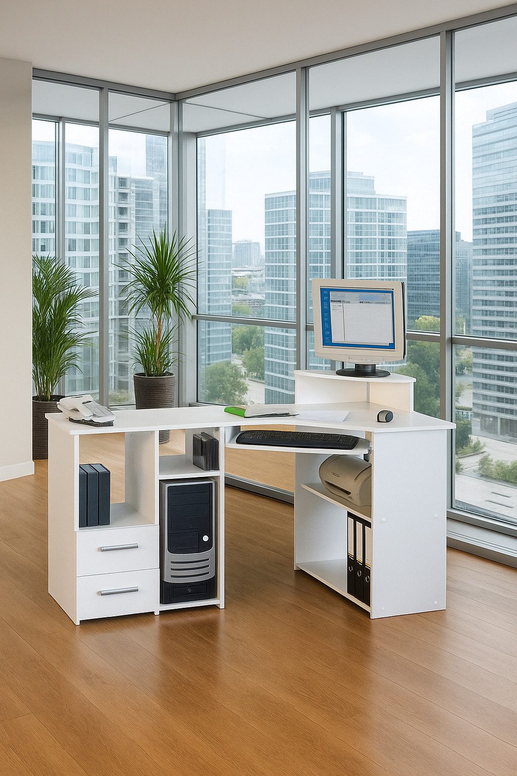 bv-vertrieb Eckschreibtisch Eckschreibtisch Sonoma Eiche dekor Bürotisch 137x44(73)x72(85), Monitoraufsatz, ausziehbare Tastatur, Desktopfach
