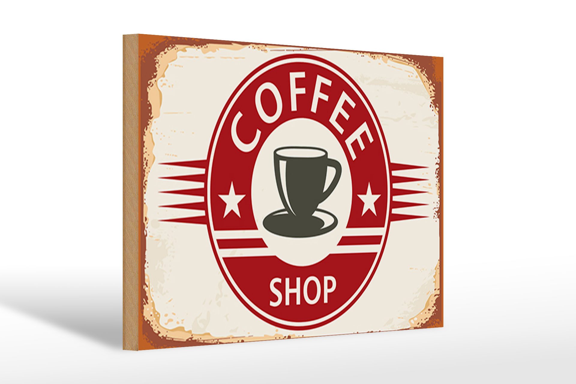 Femer GmbH Holzbild Retro 30x20cm Coffee Shop Kaffee Tasse, Essen Trinken Genuss, Nostalgie Retro Altes (1 St), Glatte Holzfaserplatte (MDF), vorn beschichtet