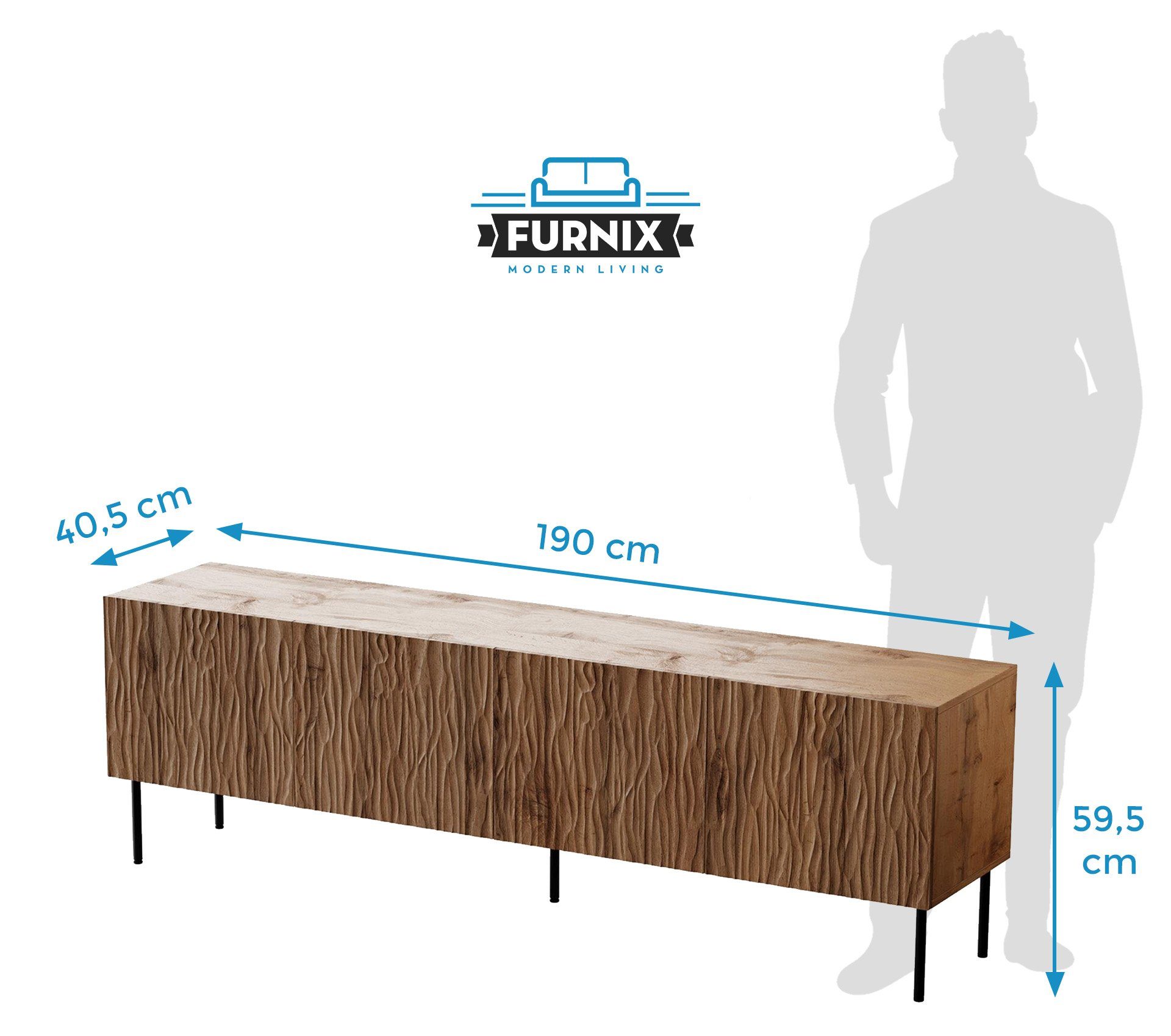 gefrästen Furnix 190 Struktur Wotan Fronten multifunktionell TV-Schrank GLEYA Eiche mit Fernsehschrank