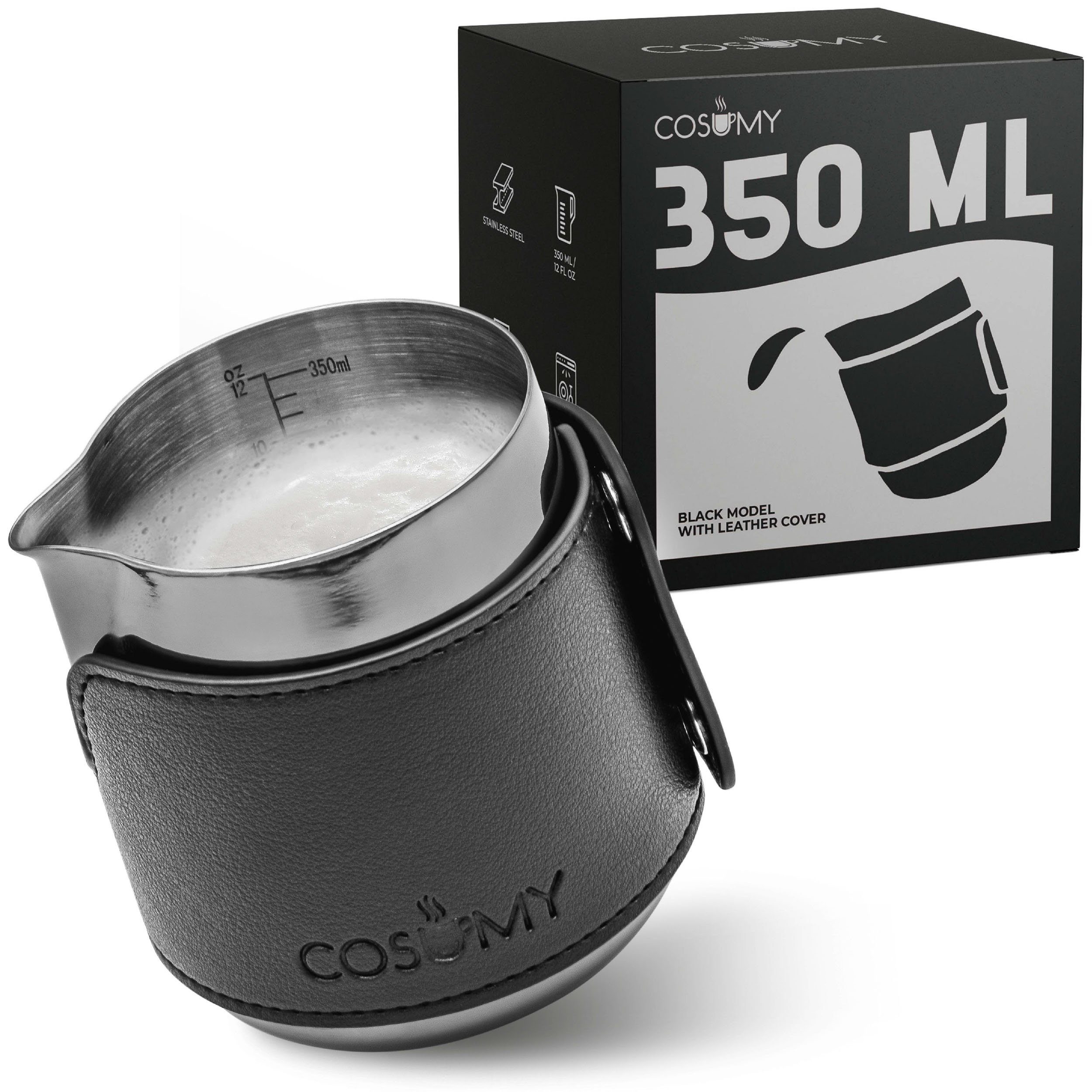 Cosumy Milchkännchen Barista Milchkännchen Edelstahl 350ml mit Lederhülle, 350 l, (Set, 1-St), Griffloses Design - Messskala im Inneren