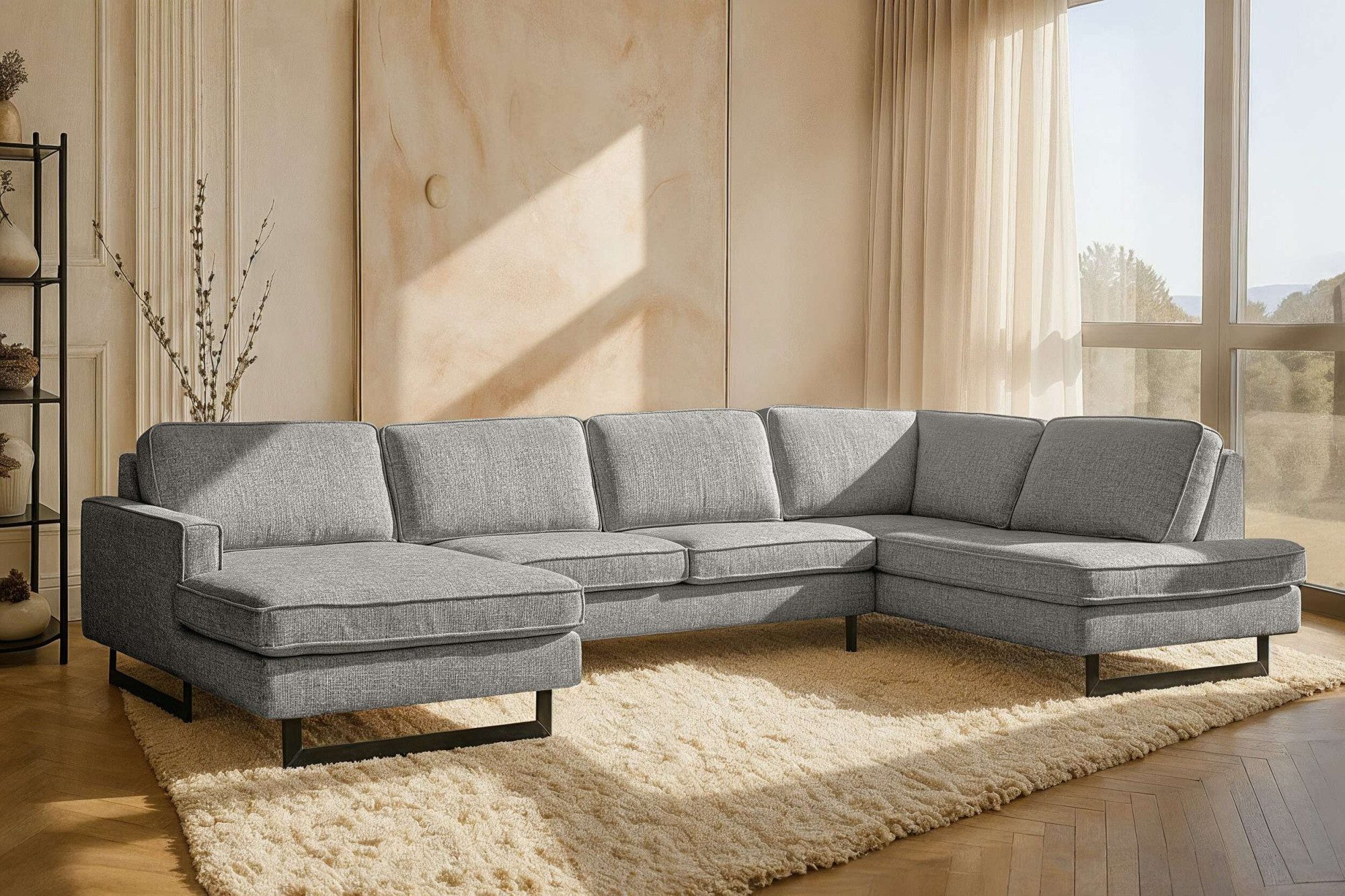 Home affaire Wohnlandschaft Pinto, 350 cm, U-Form, XXL, mit Ottomanen, Cord, Chenille, Lederoptik, mit Keder, Metallfüße, Wellenunterfederung