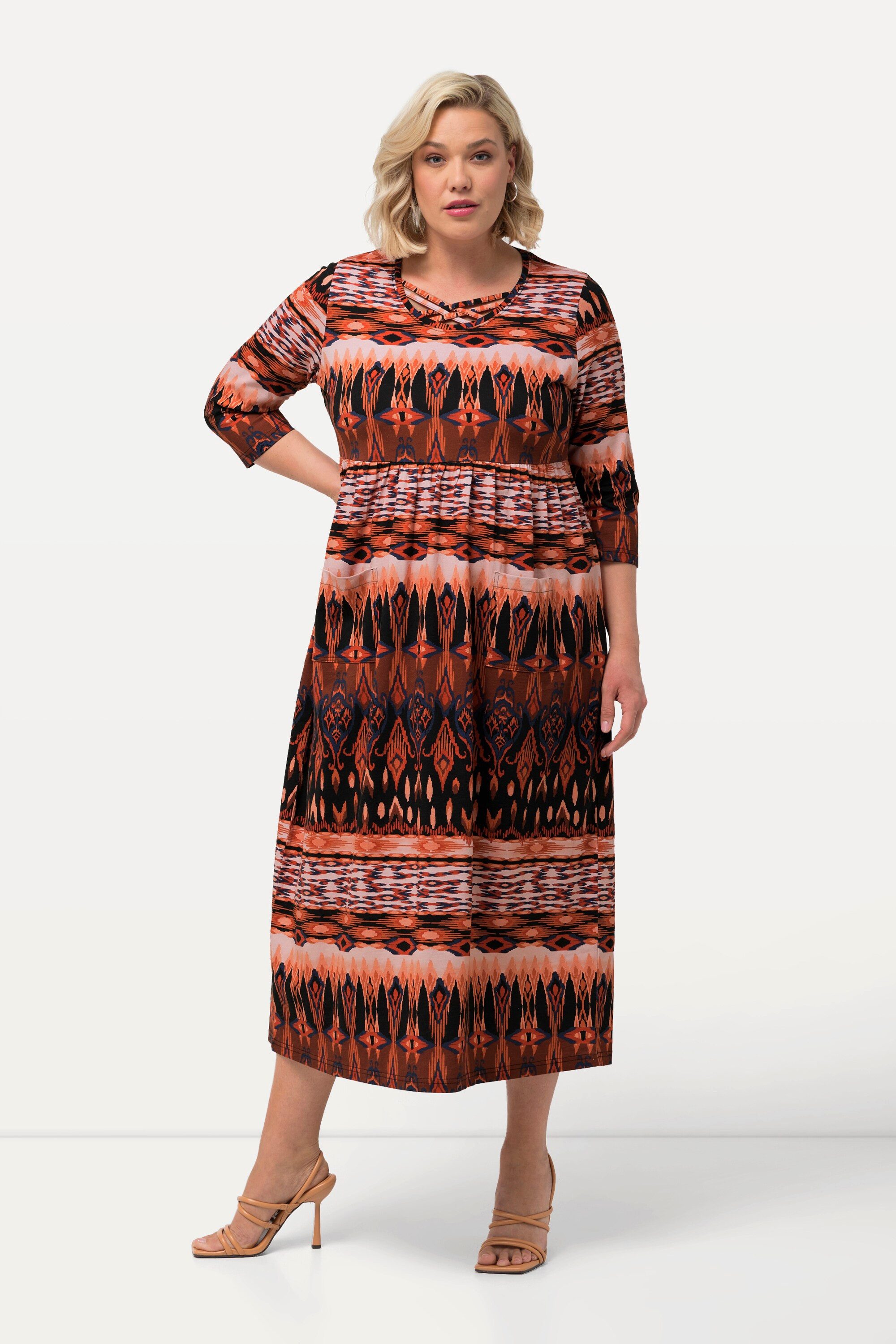 Ulla Popken Maxikleid Jerseykleid A-Linie Zierbänder Rundhals 3/4-Arm