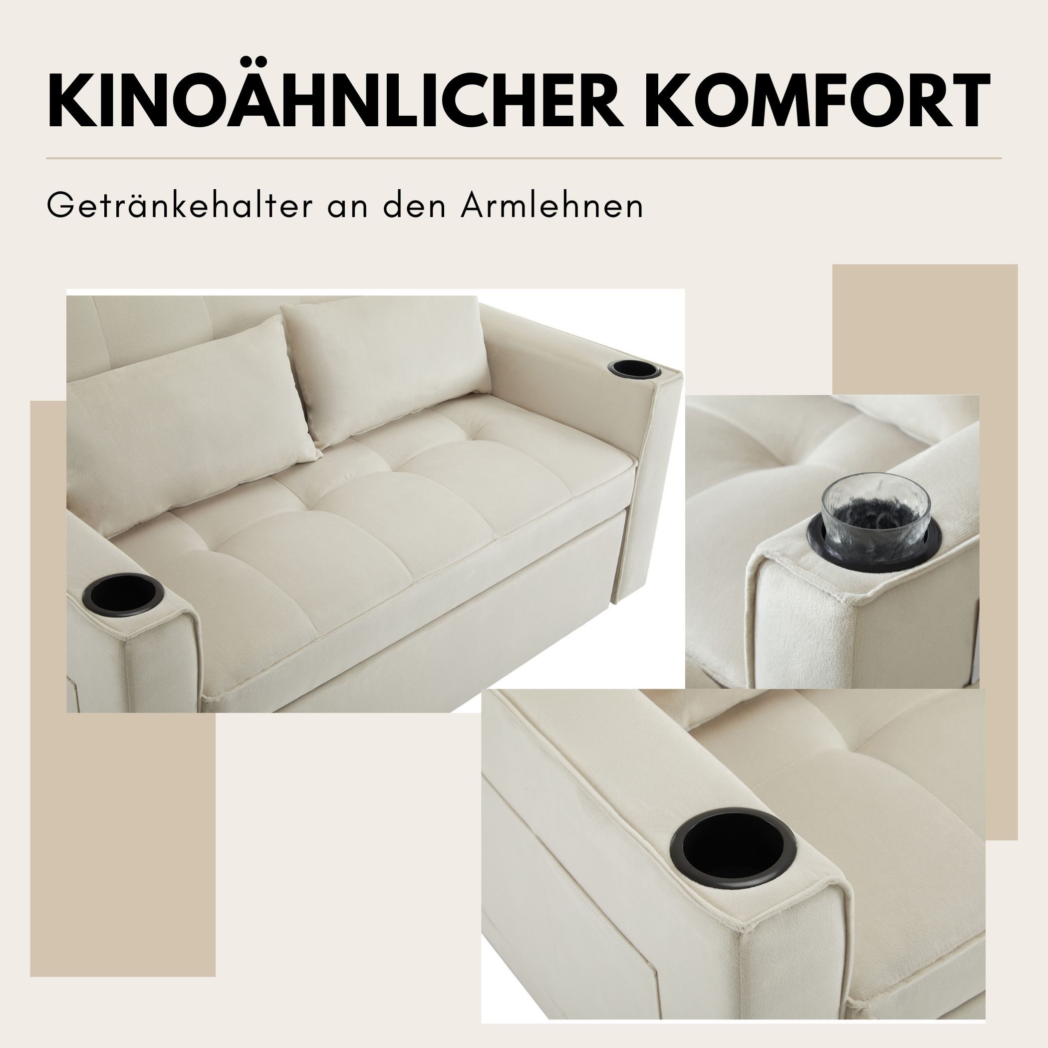 SeedWave Schlafsofa 3-in-1 Velvet Schlafsofa mit Getränkehaltern und Zwei Großen Kissen, Verstellbarer Rückenlehne (105°/140°/180)