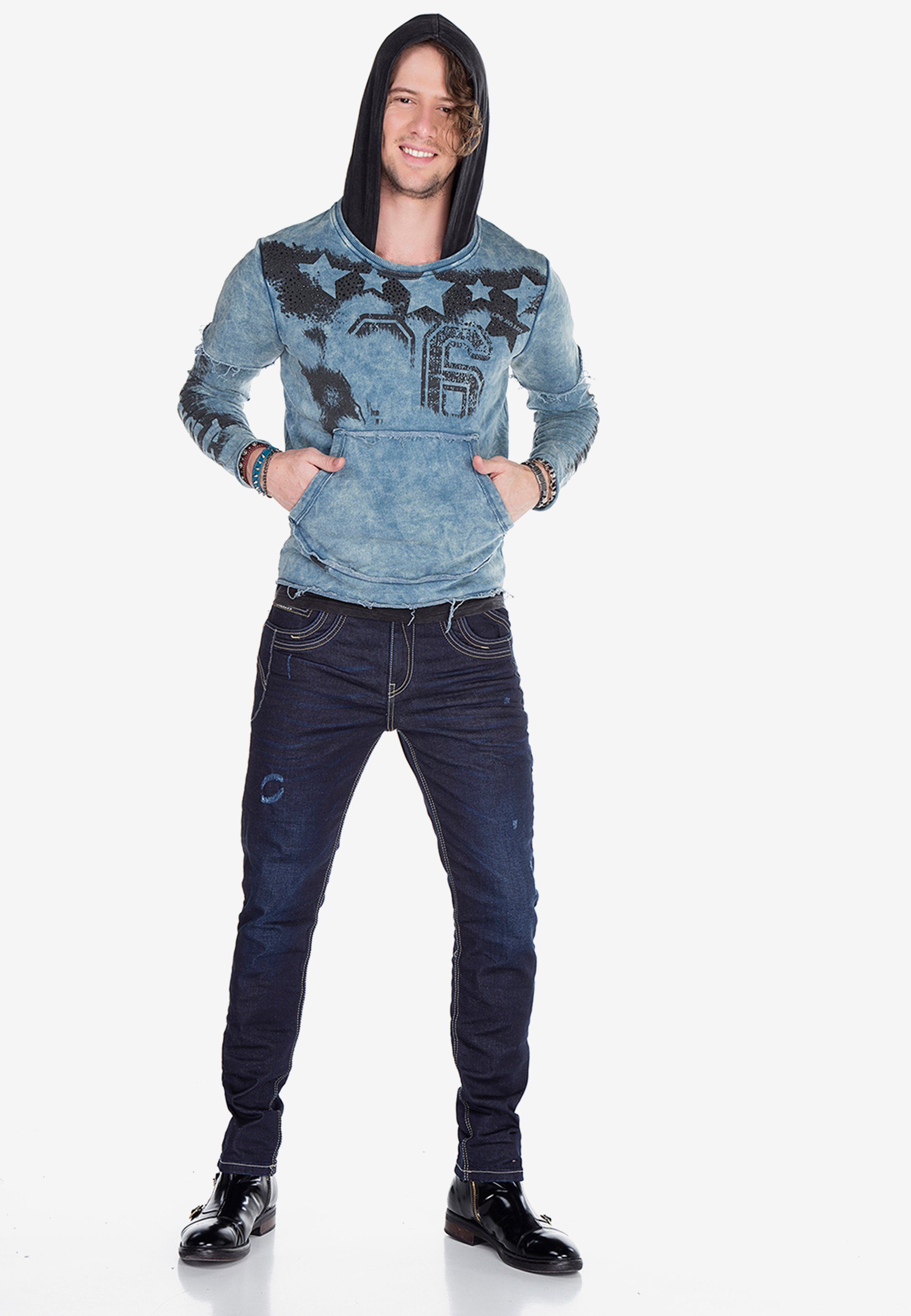 Prints & Cipo Baxx indigo verwaschenen Kapuzensweatshirt mit