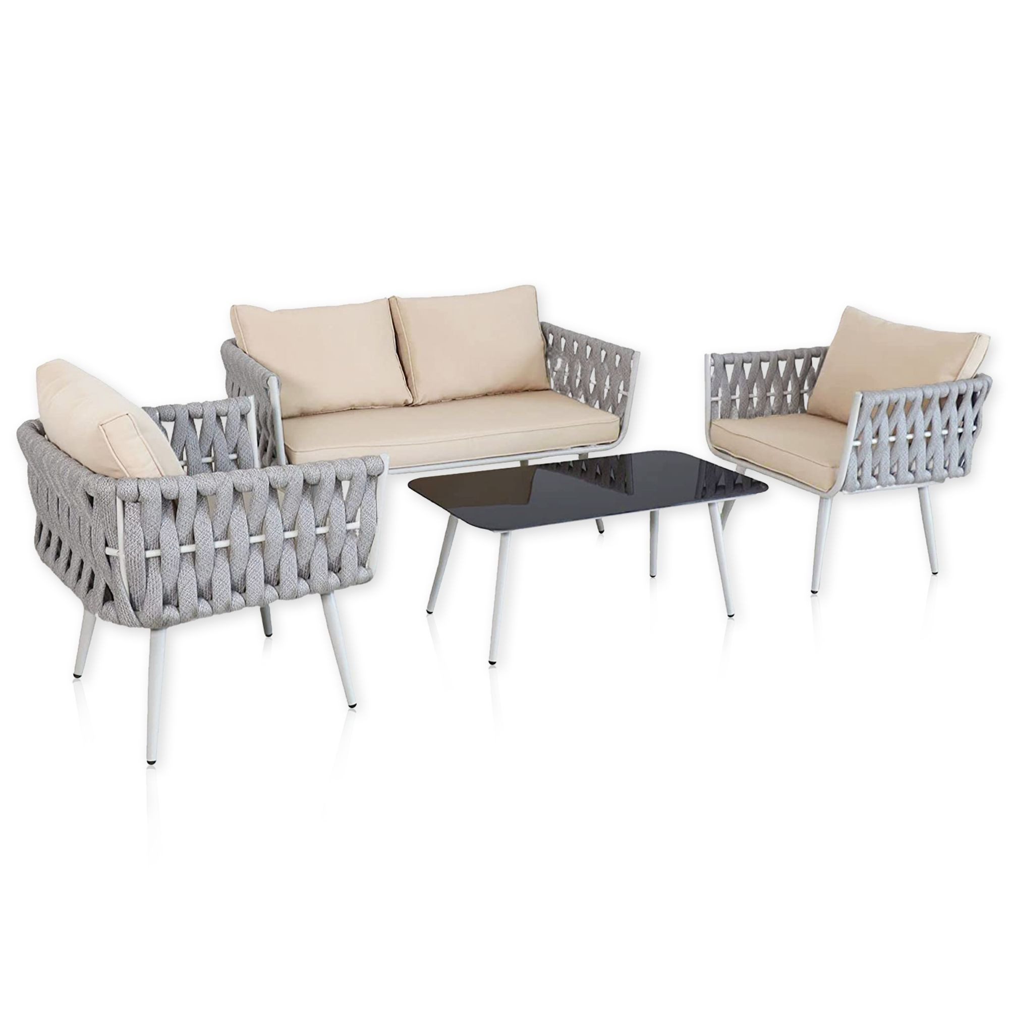 Lycce Loungeset Gartenmöbel-Set WEAVE: 2 Sessel, 1 Sofa, 1 Tisch mit Glasplatte, Loungemöbelset mit Kissen