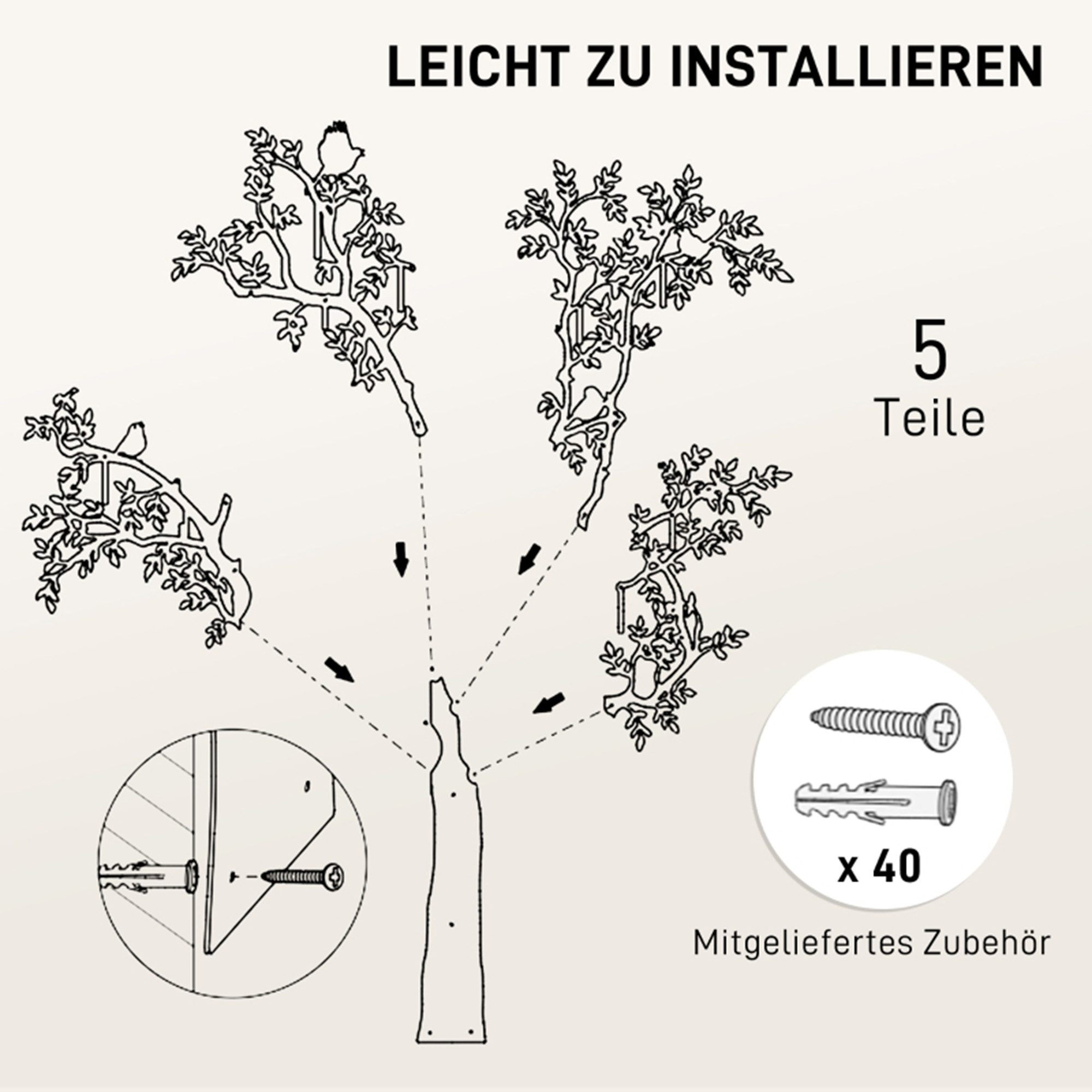 MC Star Wandgarderobe Wandmontierter Mantelhaken, Baumdesign mit Vögeln, Schwarz – Bild 2 von 5