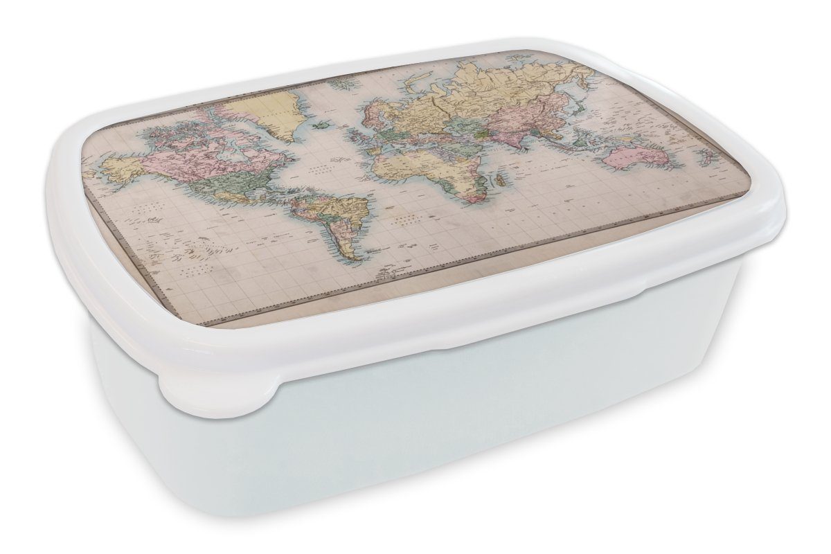 MuchoWow Lunchbox Weltkarte - Retro - Farben, Kunststoff, (2-tlg), Brotbox für Kinder und Erwachsene, Brotdose, für Jungs und Mädchen weiß