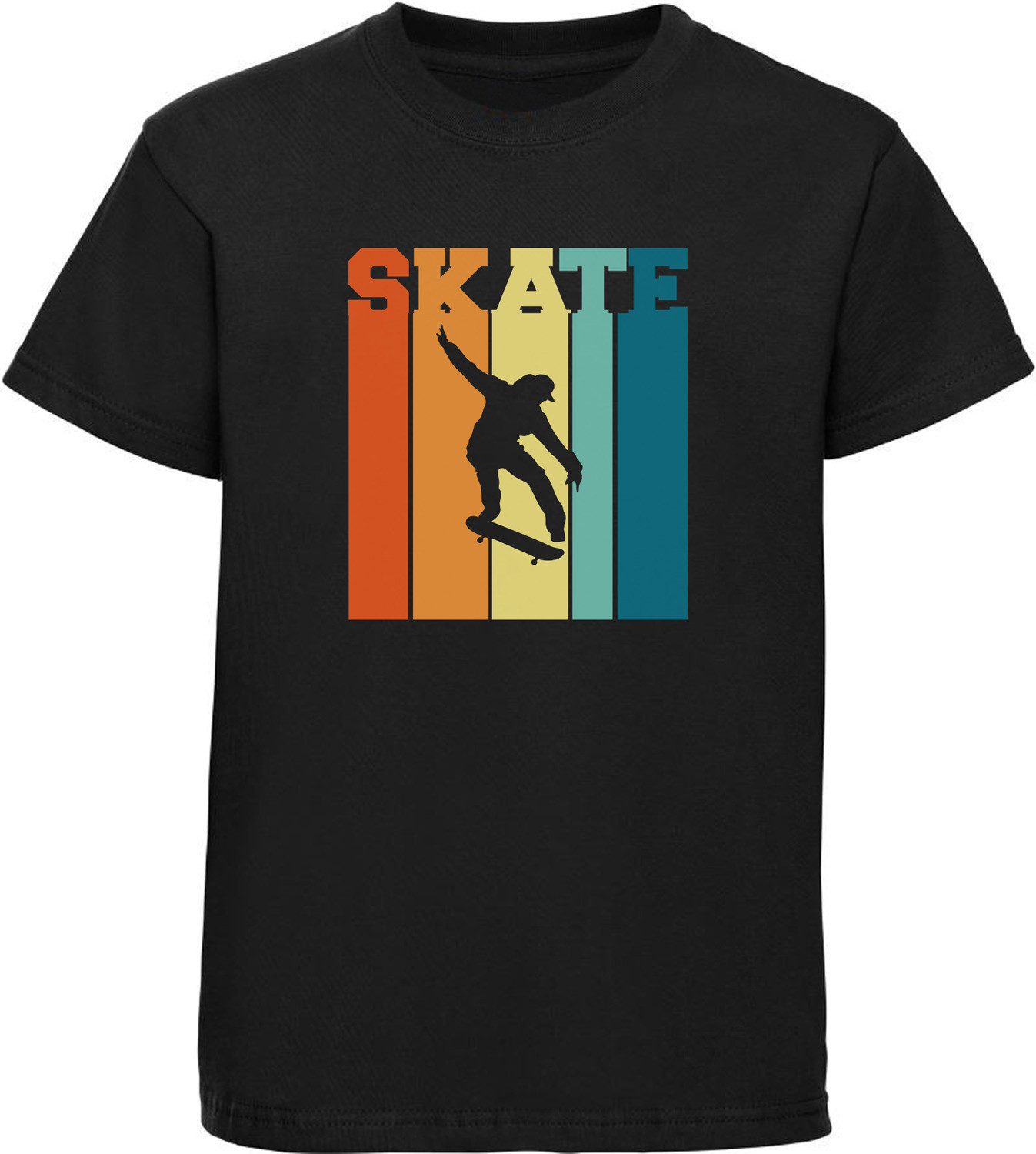 T-Shirt Kinder Print Shirt Skateboarder vor Retro Farben und Skate Schriftzug