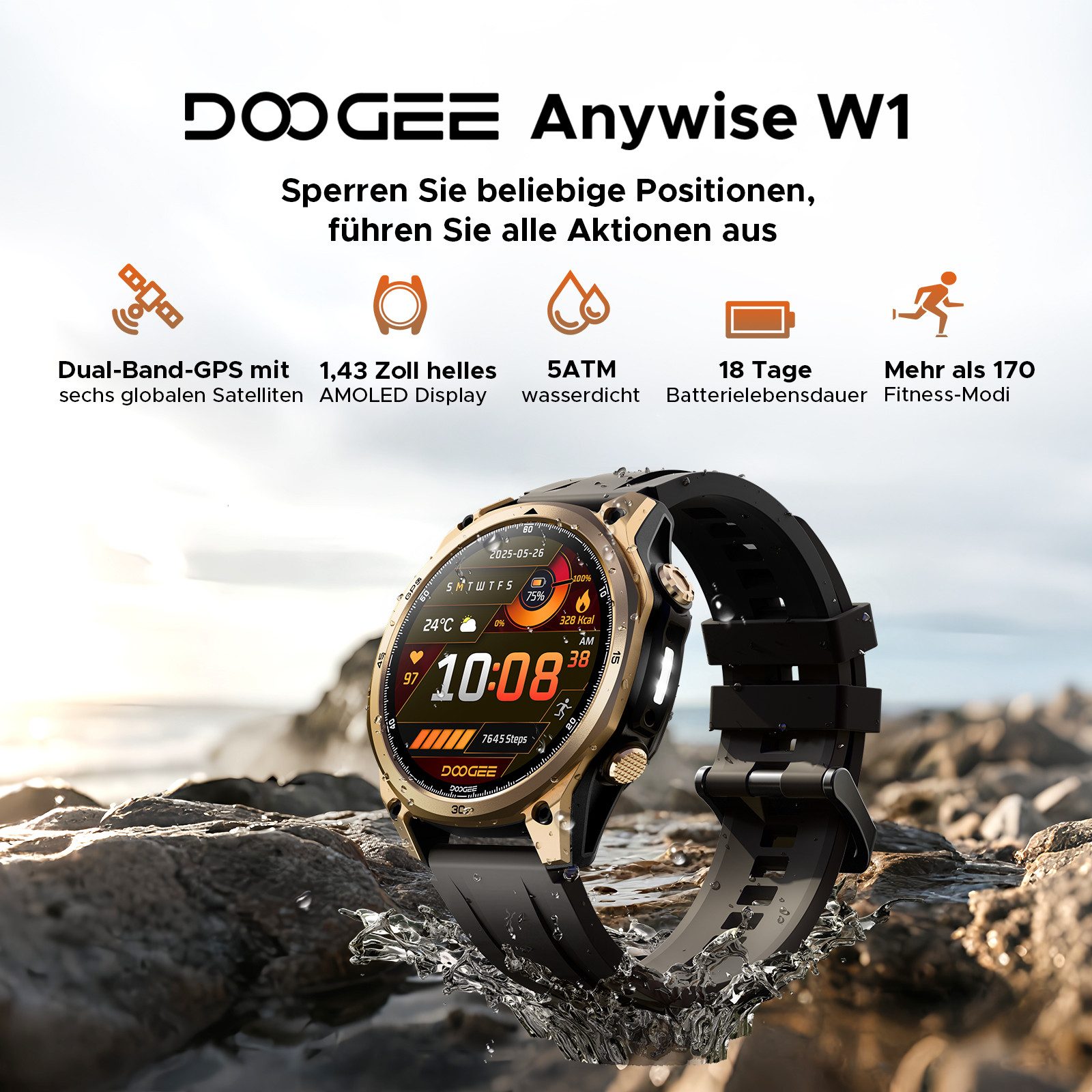 DOOGEE ANYWISE W1 Smartwatch, 178 Sportmodi, 24h Gesundheit, 14 Tage Akku Smartwatch