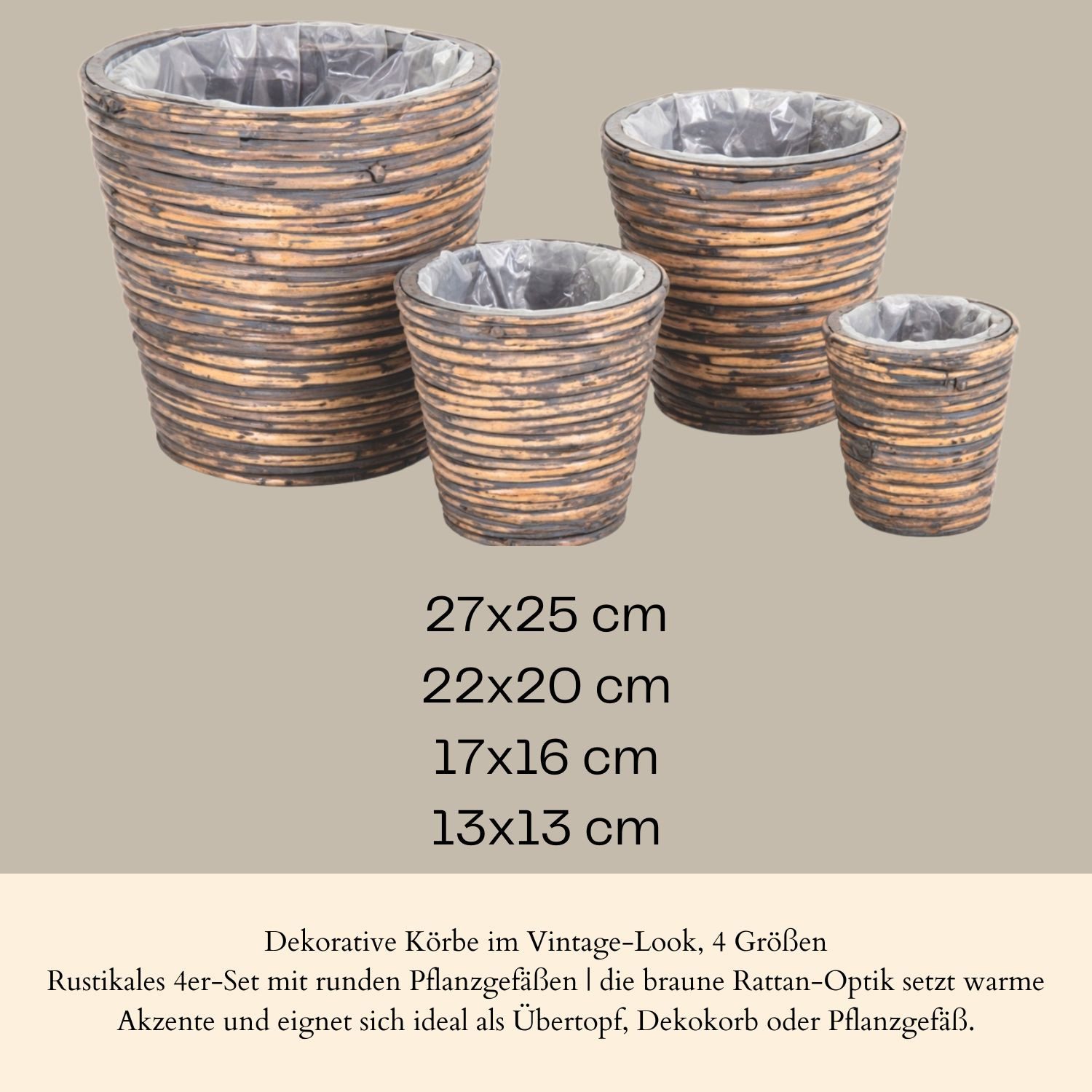Marrakesch Orient & Mediterran Interior Übertopf 4er Set Boho Pflanzkorb Rattan handgefertigt in Braun 27 cm Dekoration (4 St), Handarbeit
