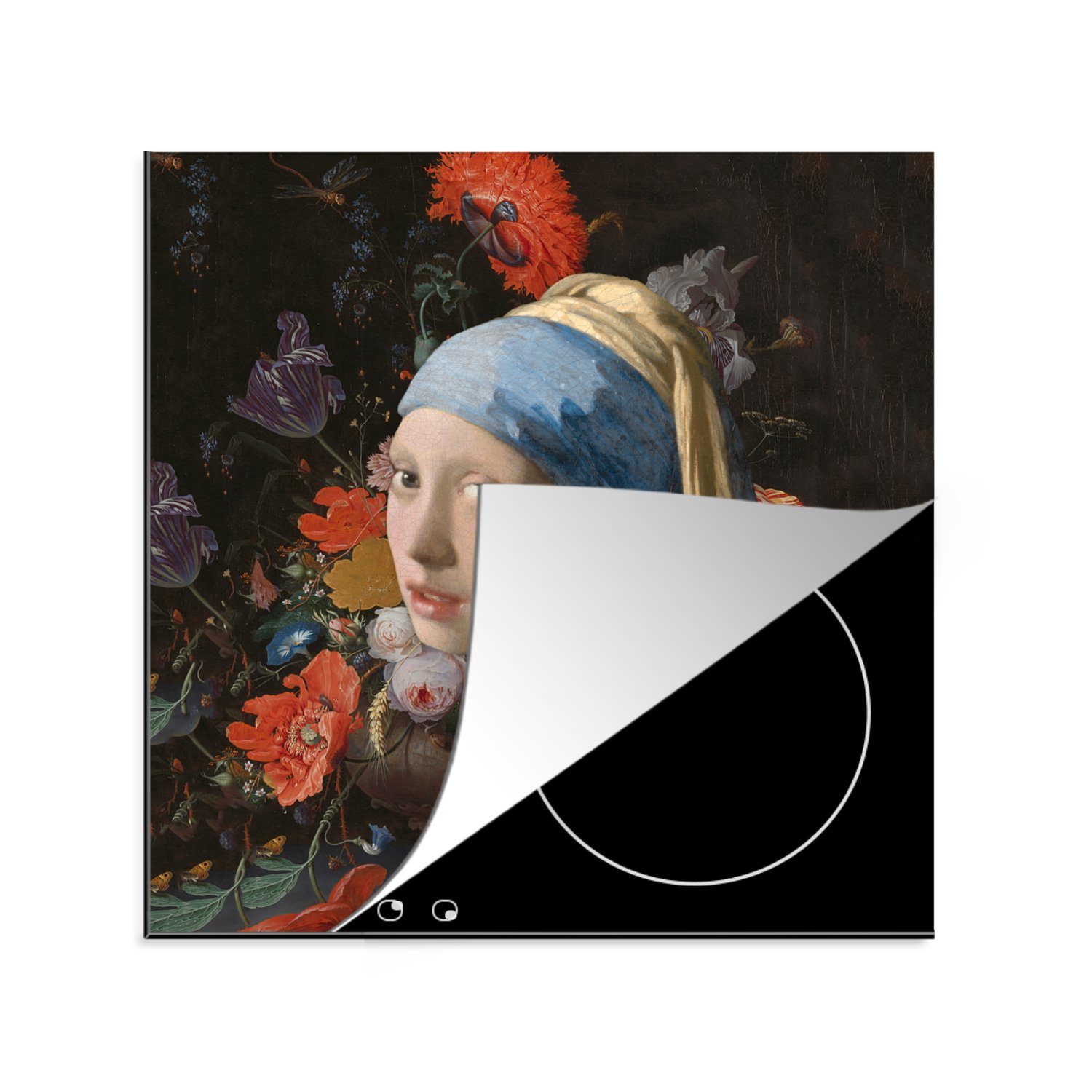 MuchoWow Herdblende-/Abdeckplatte Das Mädchen mit dem Perlenohrring - Vermeer - Blumen, Vinyl, (1 tlg), 78x78 cm, Ceranfeldabdeckung, Arbeitsplatte für küche