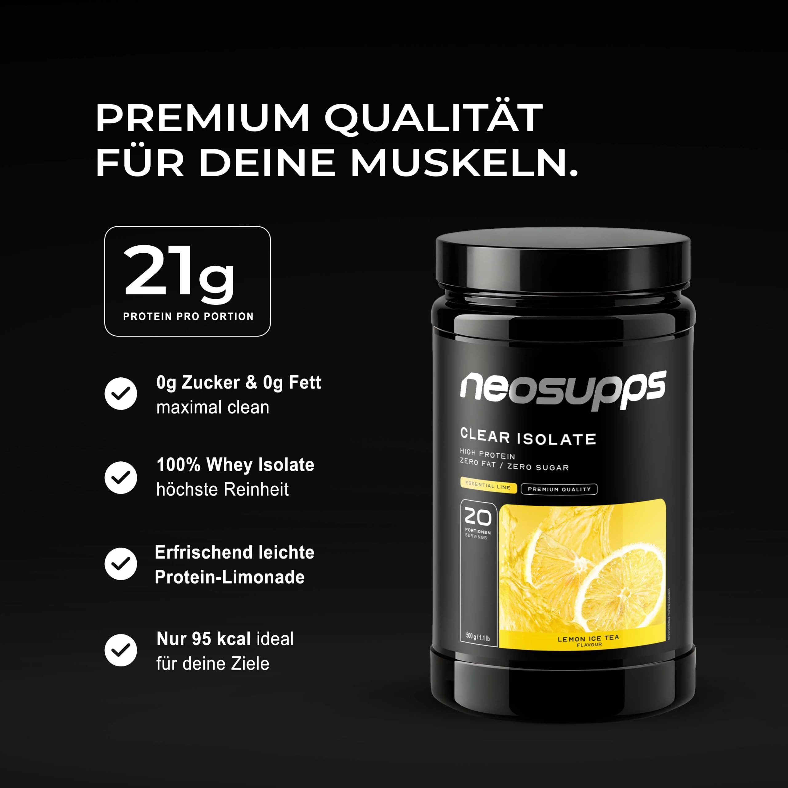Neosupps Clear Whey Isolat Protein Pulver 500g, Lemon Ice Tea Geschmack Pulver, 500 g, Made in Germany, Hochwertiger Molkenprotein Isolat