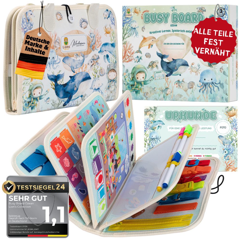 Lions Collection Lernspielzeug Busy Board Deutsch - vernäht - Montessori Spielzeug - Motorikmappe