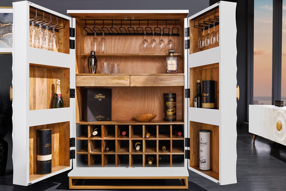 riess-ambiente Barschrank GOLDEN SUNSET 140cm weiß/gold- Mangoholz, handmade, 3D Front, Stauraum (Einzelartikel, 1-St) massive Hausbar - ideal für Wohnzimmer, Esszimmer & Essbereich