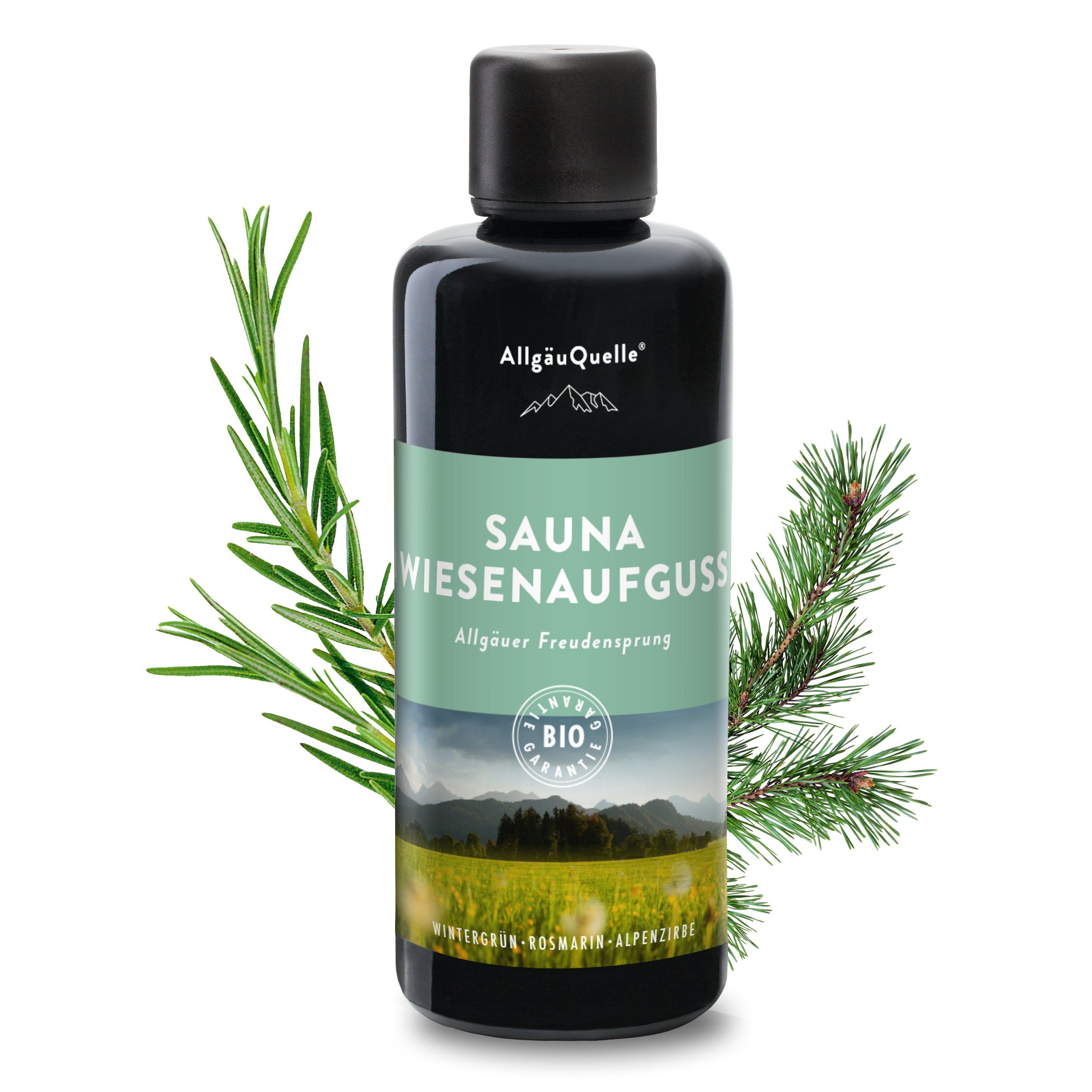 Allgäuquelle Sauna-Aufgussset BIO Saunaaufguss Wiesenaufguss Saunaduft (1 x 100ml) mit Wintergrün, Rosmarin und Alpenzirbe