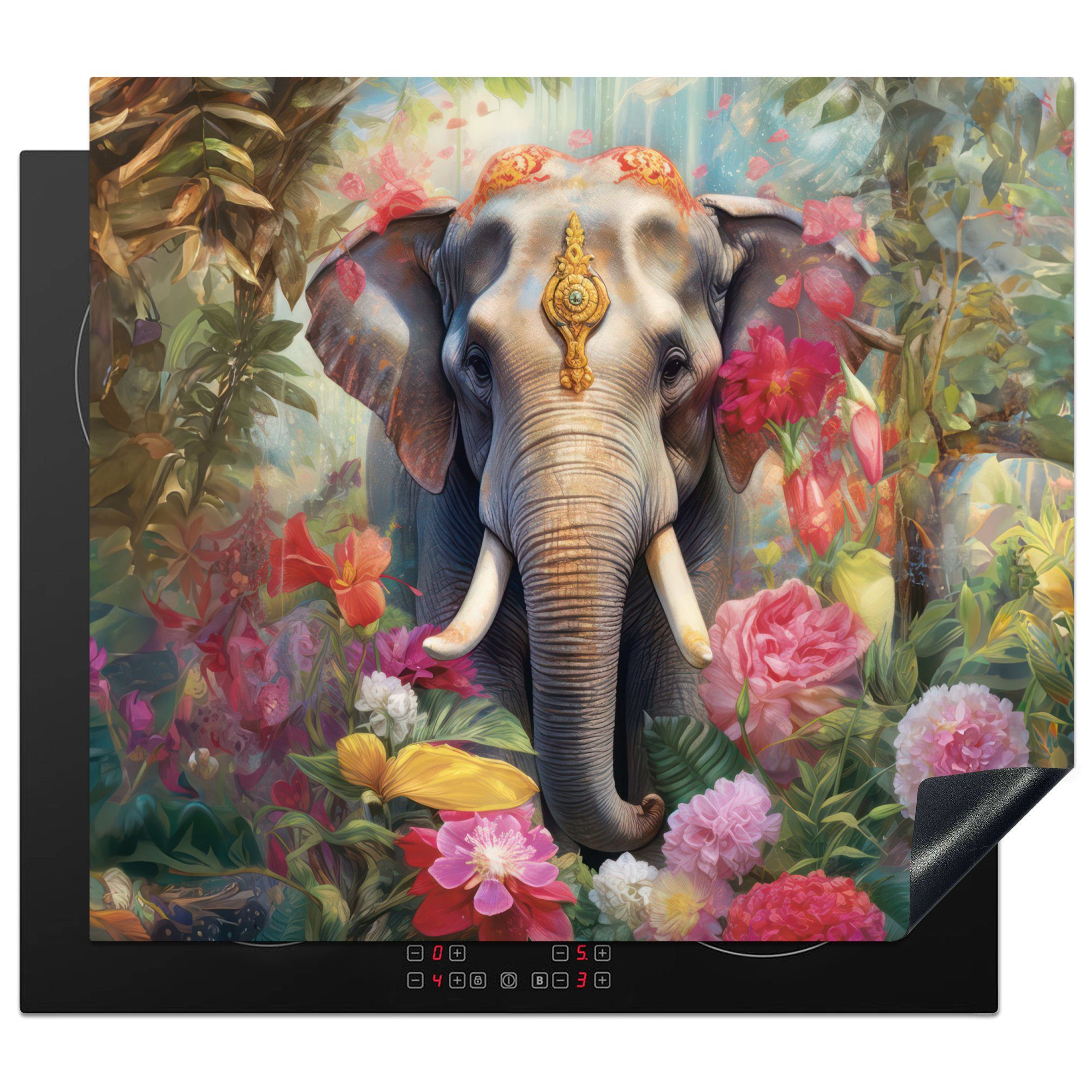 MuchoWow Herdblende-/Abdeckplatte Elefant - Blumen - Natur - Tiere, Vinyl, (1 tlg), 60x52 cm, Mobile Arbeitsfläche nutzbar, Ceranfeldabdeckung