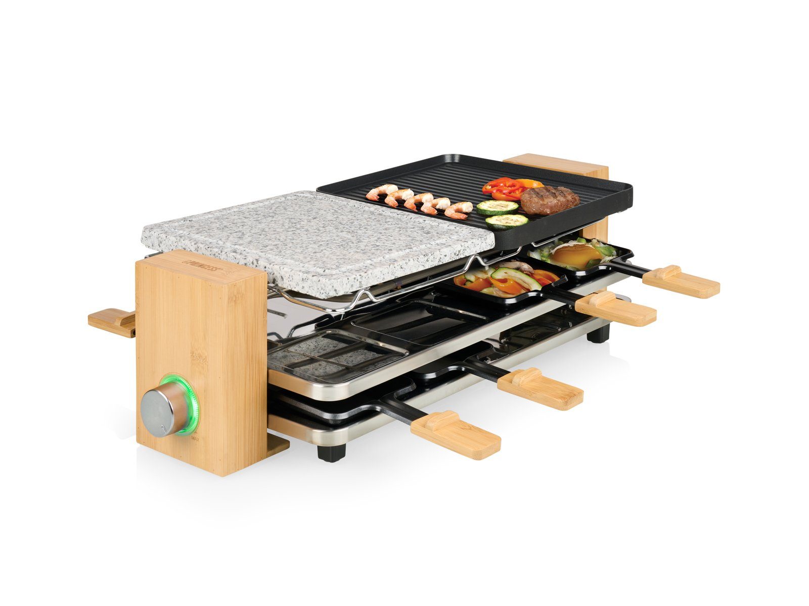 PRINCESS Raclette, 8 Raclettepfännchen, 1300 W, Bambus 5in1 Gerät für 2-8 Personen Tisch-Grill & Steingrill-Platte