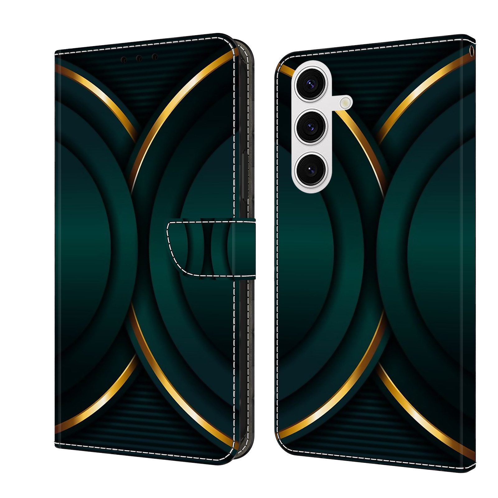 CLM-Tech Handytasche für Samsung Galaxy S24 FE Hülle aus Kunstleder Klapphülle (goldener Rand Kontur, Handyhülle mit Standfunktion - Wallet Flip Case inklusive Kartenfächer), mit Magnetverschluss - Samsung Galaxy S24 FE 6,7 Zoll Schutzhülle