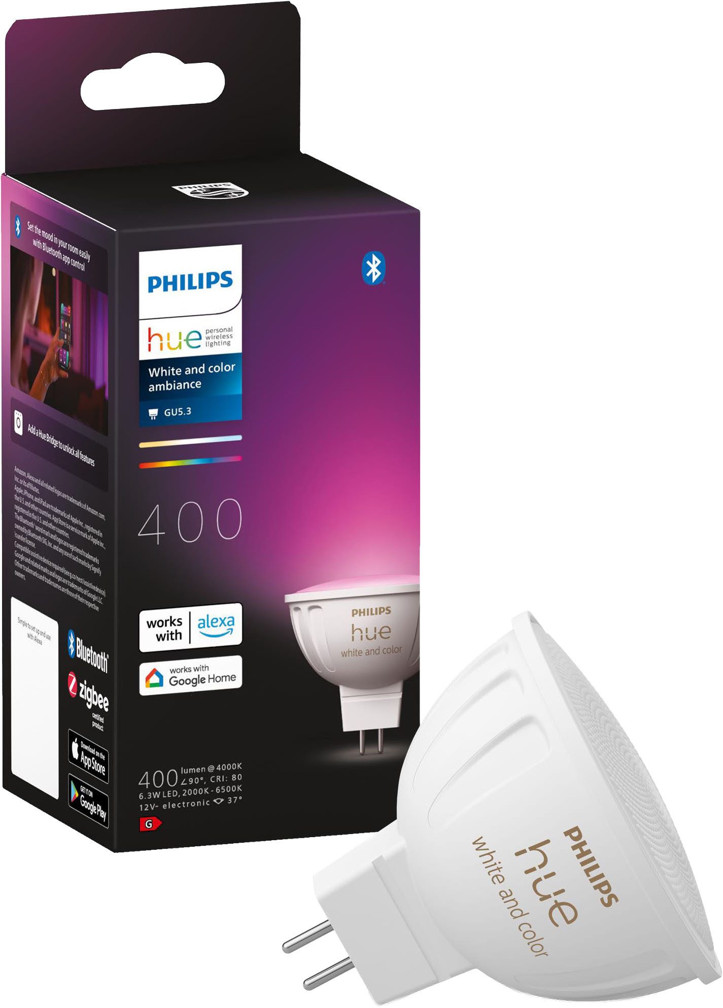 Philips Hue LED-Leuchtmittel White and Color Ambiance MR16 400lm, GU 5,3, 1 St., Farbwechsler