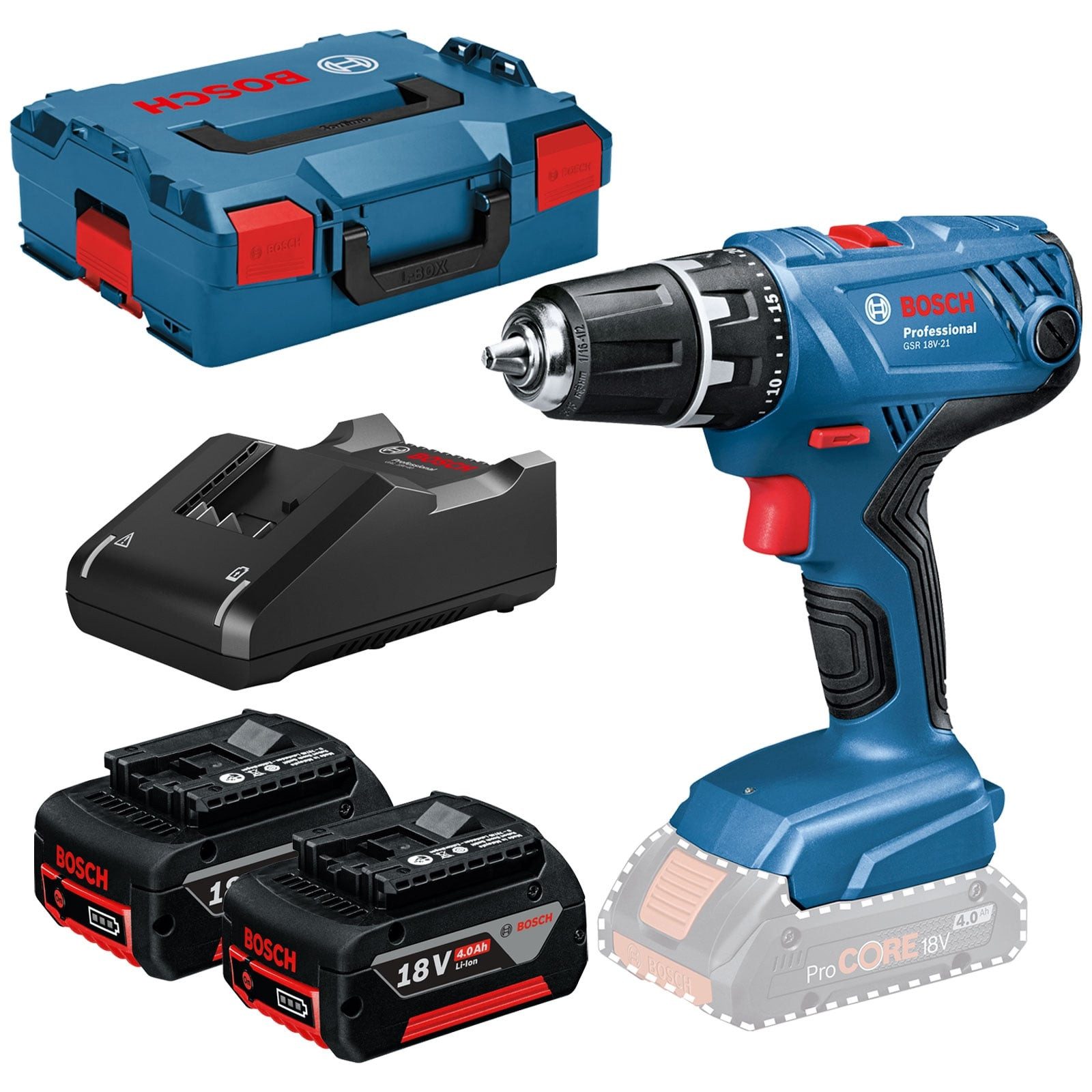 BOSCH Akku-Bohrschrauber Bosch Akku-Bohrschrauber GSR 18V-21 / 2x 4,0 Ah Akku + Ladegerät in L-