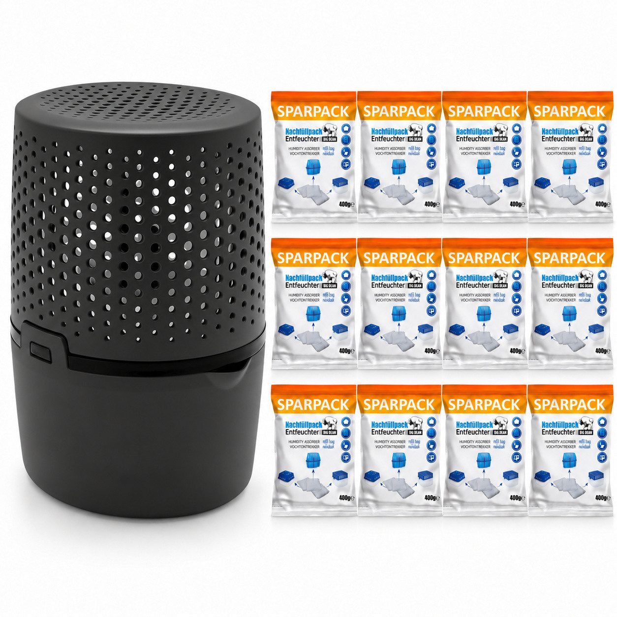 BigDean Luftentfeuchter + Nachfüllpacks 400g Entfeuchter Granulat Raumentfeuchter, Luftentfeuchter anthrazit ohne Strom plus 12 x 400 Gramm Granulat