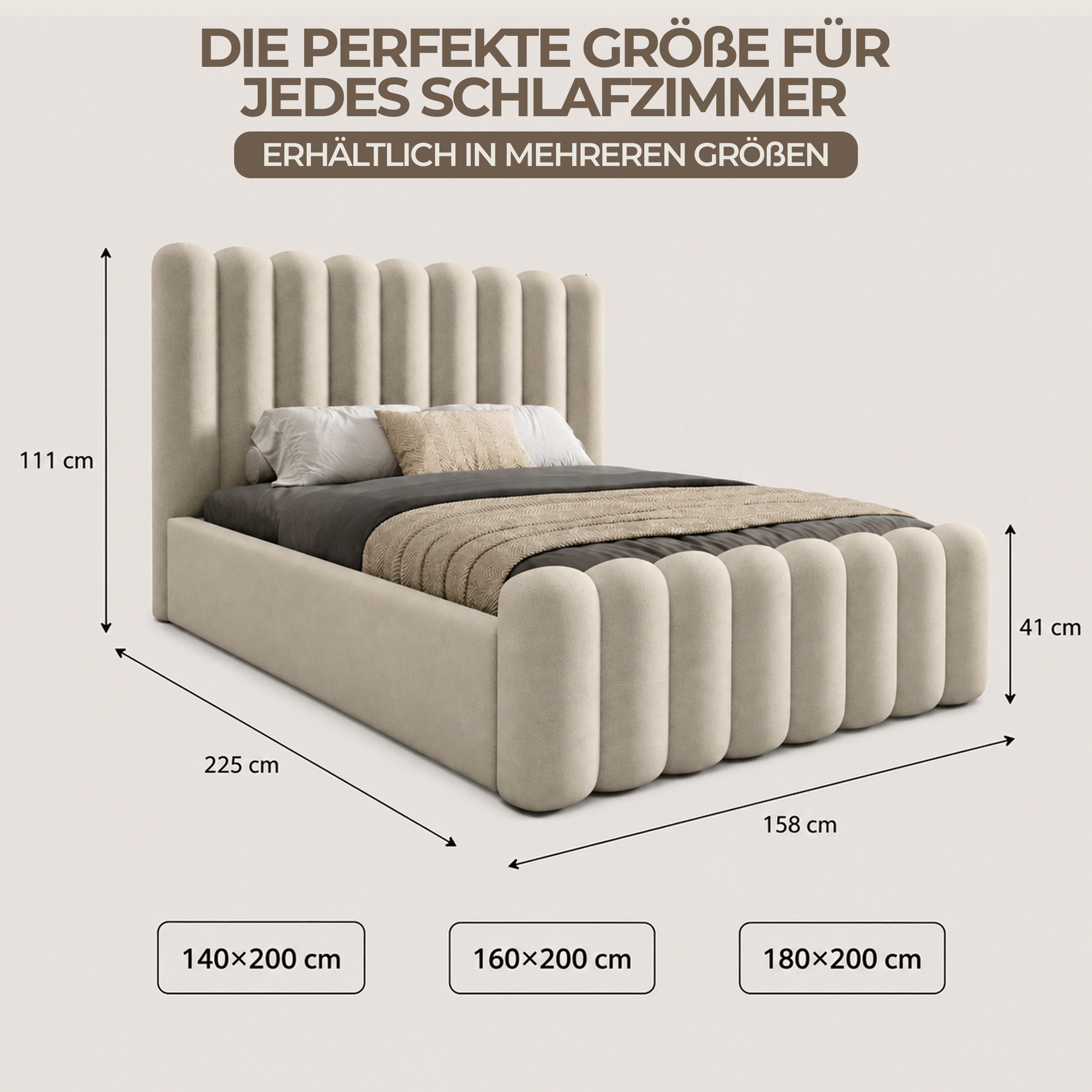 Goldstoff Polsterbett JENNY - Bett mit Bettkasten & Halbrund-Kopfteil – Velvet (Doppelbett mit Bettkasten und Lattenrost, verfügbar 140x200 160x200 180x200 200x200cm), Verfügbar in 4 Größen – Modern & Elegant