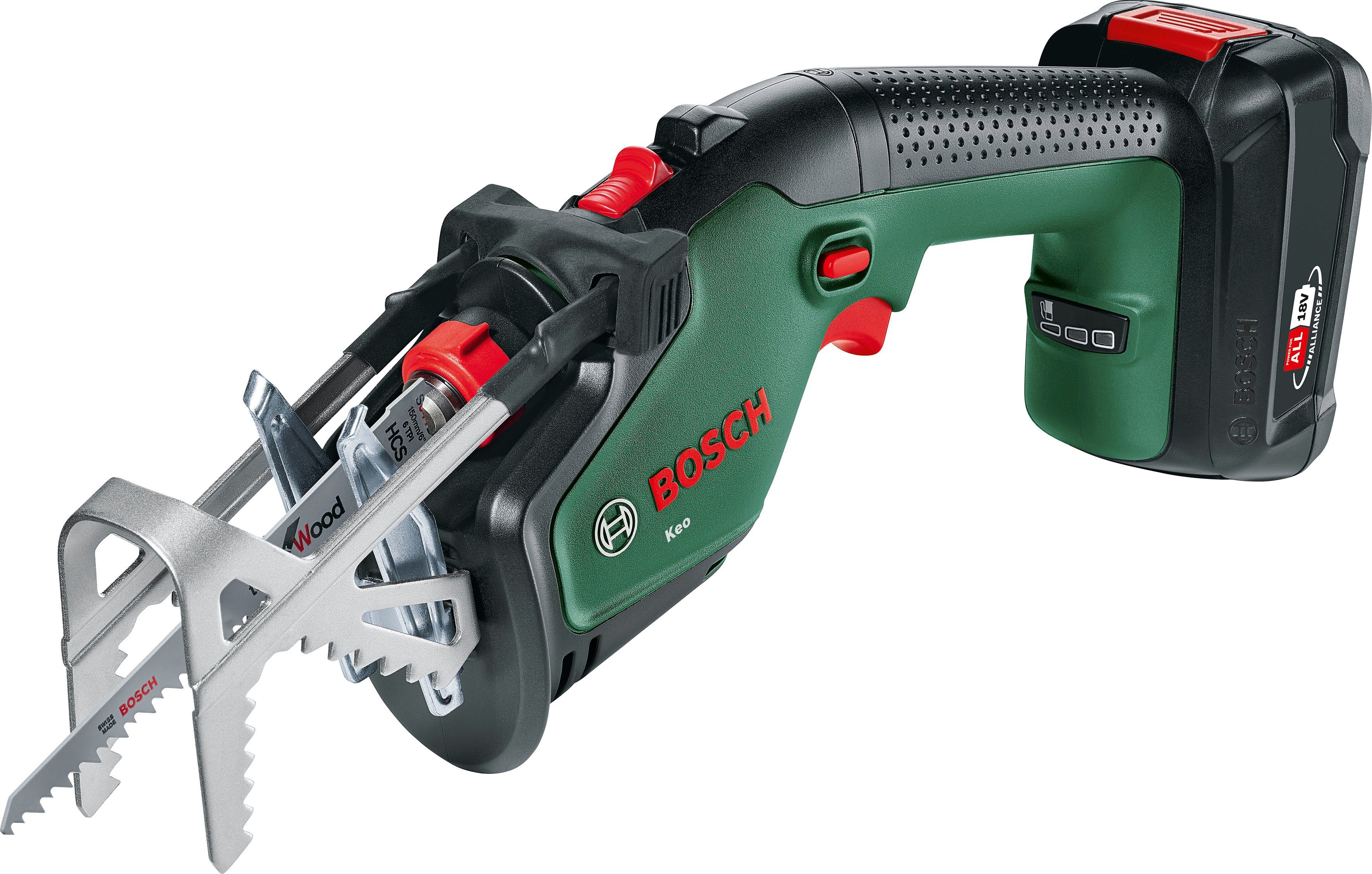 Bosch Home & Garden Akku-Säbelsäge Keo 18, mit Schweizer Präzisionsklinge, Akku 18V/2,0 Ah und Ladegerät