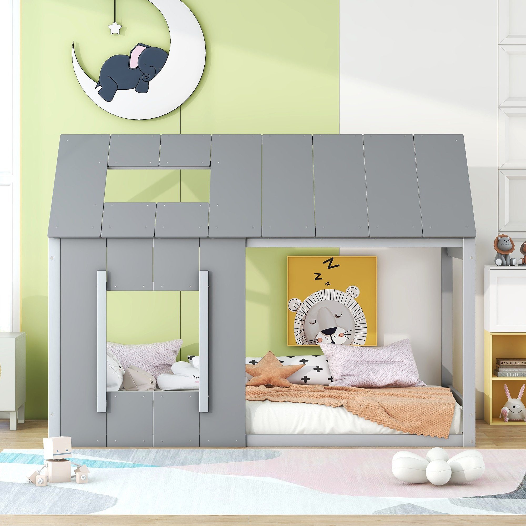 HAUSS SPOLE Kinderbett 90x200 mit matratze Kinderbett Bodenbett Bettgestell Baumhausbett (Hausform, 90x200 cm, Einzelhaus-Flachbett mit Dach und Fenster), ohne Matratze