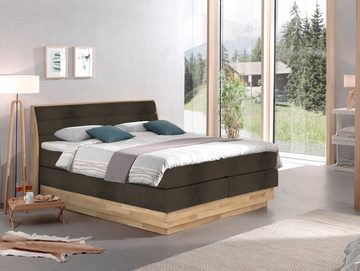 Moebel-Eins Boxspringbett, MAILO Boxspringbett mit Bettkasten, Material Massivholz Eiche/ Bezug Stoff in 2 Farben