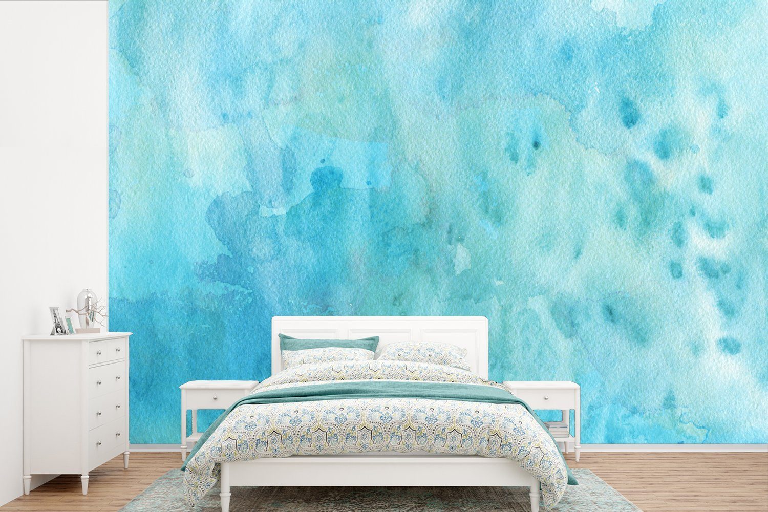 MuchoWow Fototapete Aquarell - Blau - Weiß - Grün, Matt, bedruckt, (6 St), Wallpaper für Wohnzimmer, Schlafzimmer, Kinderzimmer, Vinyl Tapete