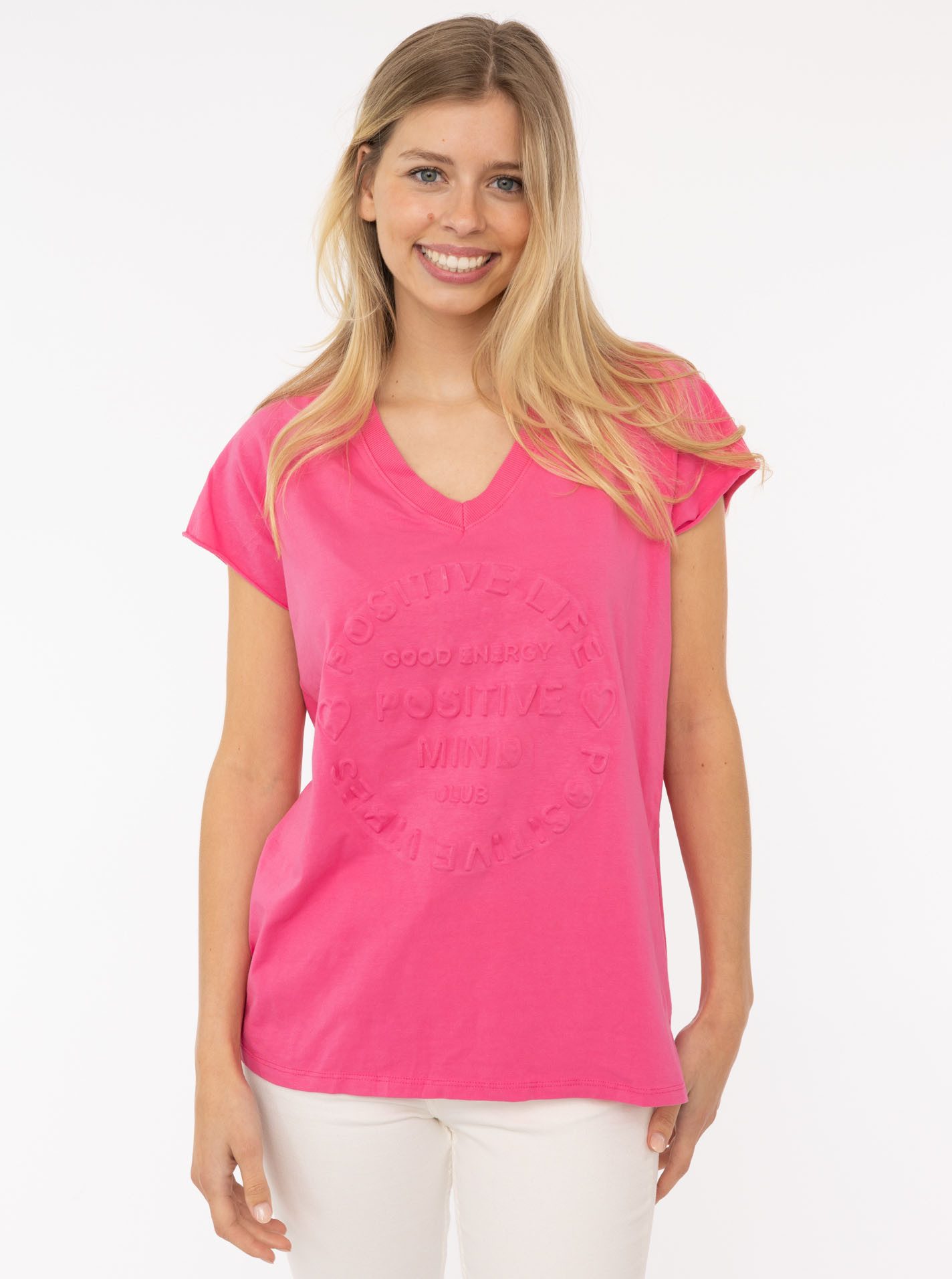 Zwillingsherz Kurzarmshirt ""Positive Mind"" V-Ausschnitt, Kurzarm, hinten günstig online kaufen