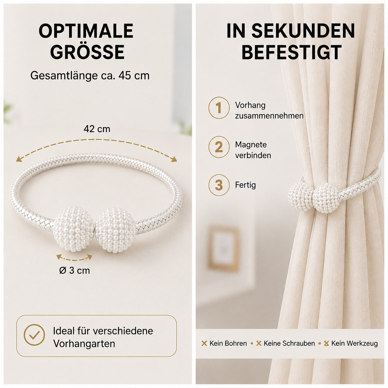 ELANOX Raffhalter ELANOX Magnetische Raffhalter 2er Set mit Perlen für Vorhänge, alle Gardinen, (2 Stück) – Bild 5 von 5