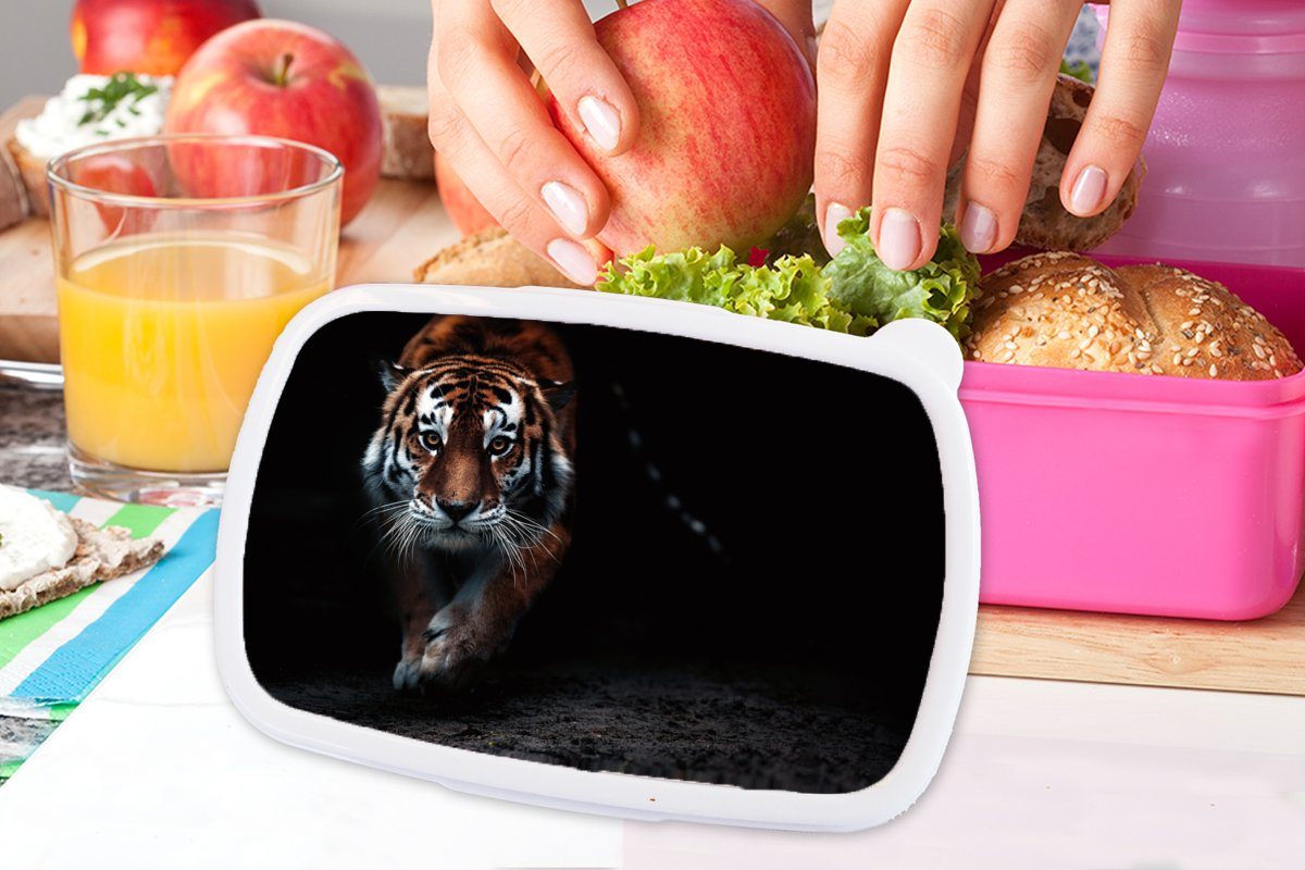 Snackbox, Kunststoff, Wild Tiger Schwarz Mädchen, Kinder, - für Erwachsene, Lunchbox - Brotbox Tiere Kunststoff - rosa (2-tlg), Porträt, - Brotdose MuchoWow