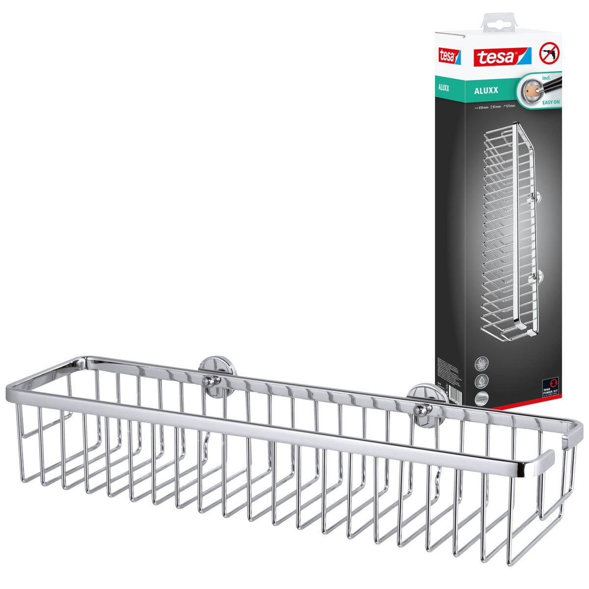 tesa Duschregal Aluxx Duschablagekorb ohne Bohren - 9,2x45,0x12,5 cm, 1-tlg., selbstklebendes Hängeregal - für Bad & Dusche - silber glänzend