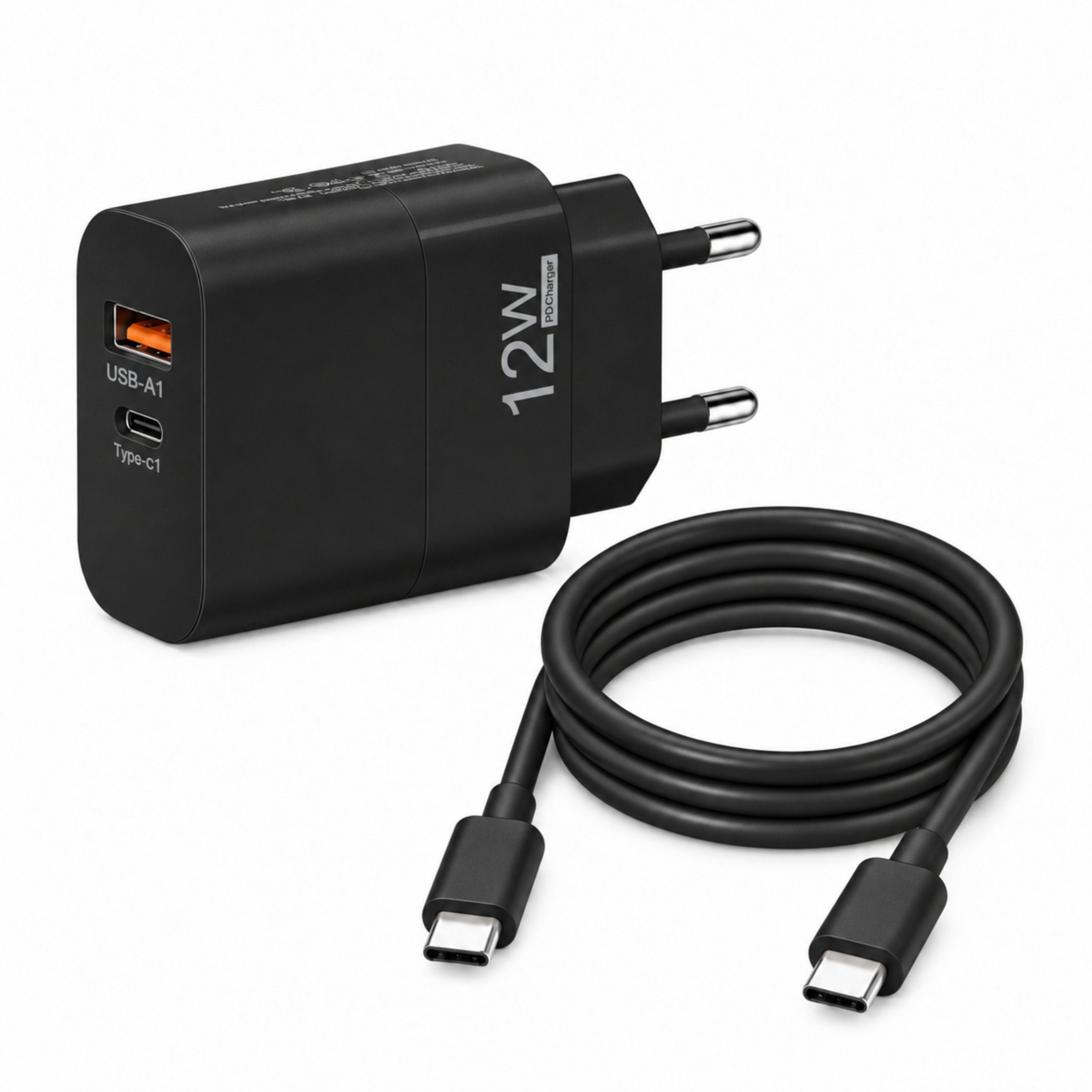 PlugUp 12W USB-C Ladegerät mit USB-C & USB-A Anschluss mit USB-C Kabel Smartphone-Ladegerät (2400 mA, Set, Inkl. USB-C Ladekabel, Universelles Ladegerät mit USB-C auf USB-C Ladekabel)