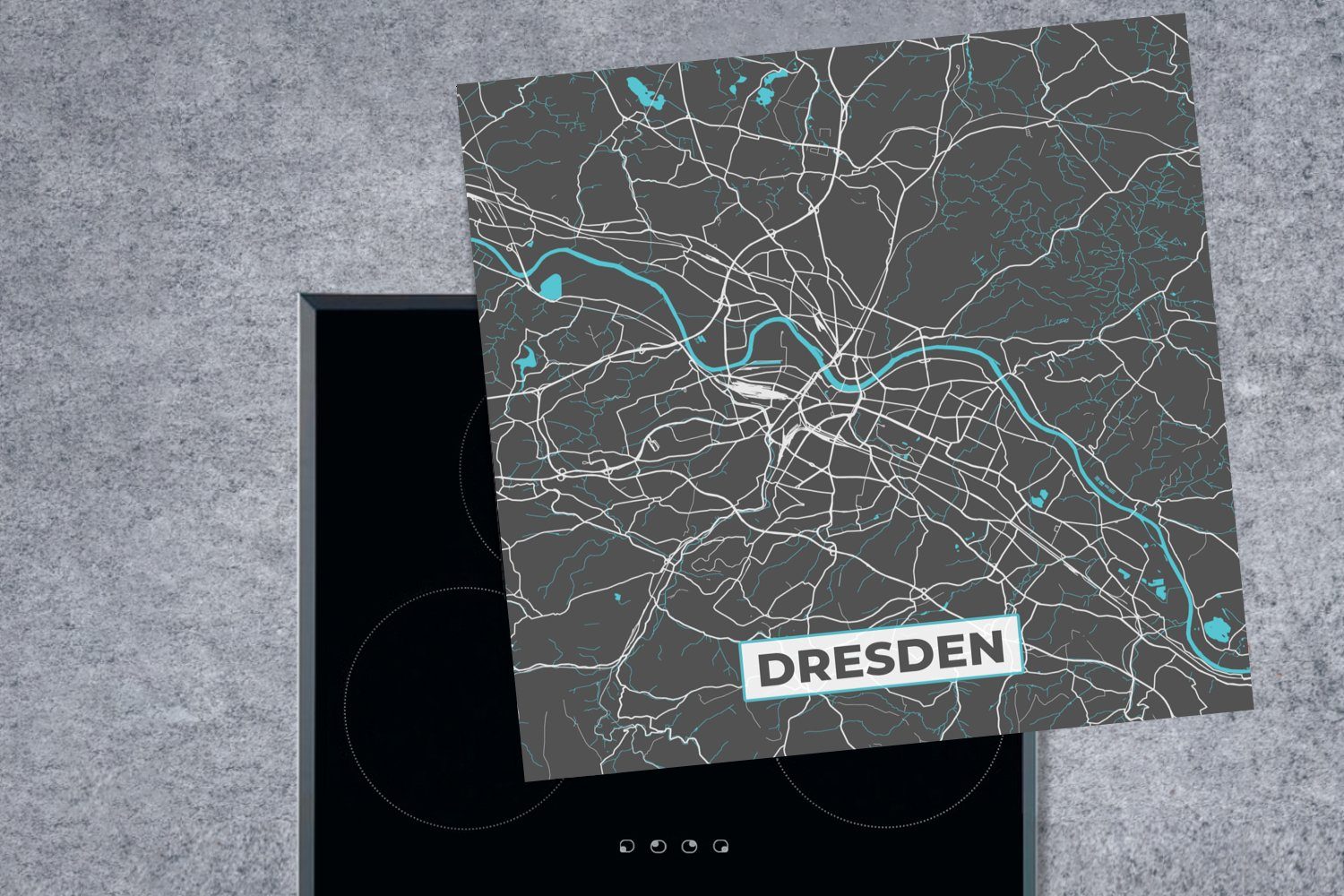 Vinyl, - tlg), Deutschland küche cm, Dresden - (1 78x78 Karte, Blau MuchoWow - - Stadtplan Herdblende-/Abdeckplatte Arbeitsplatte für Ceranfeldabdeckung,
