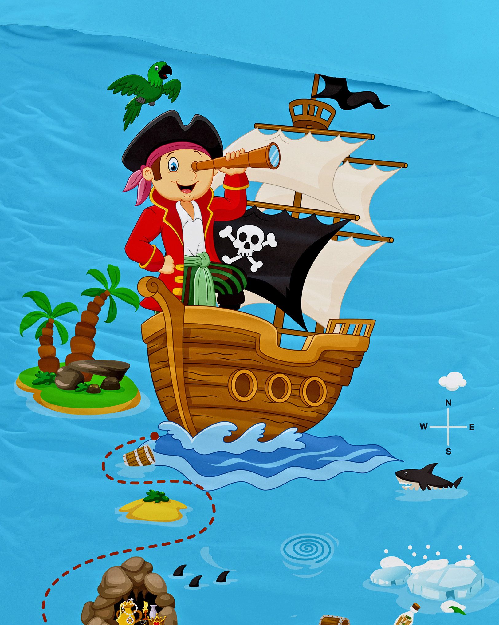 JACK Babybettwäsche 100x135cm Piratenschiff Pirat Schatz, Renforcé, 2 teilig, Babybettwäsche für kleine Piraten und Abenteurer