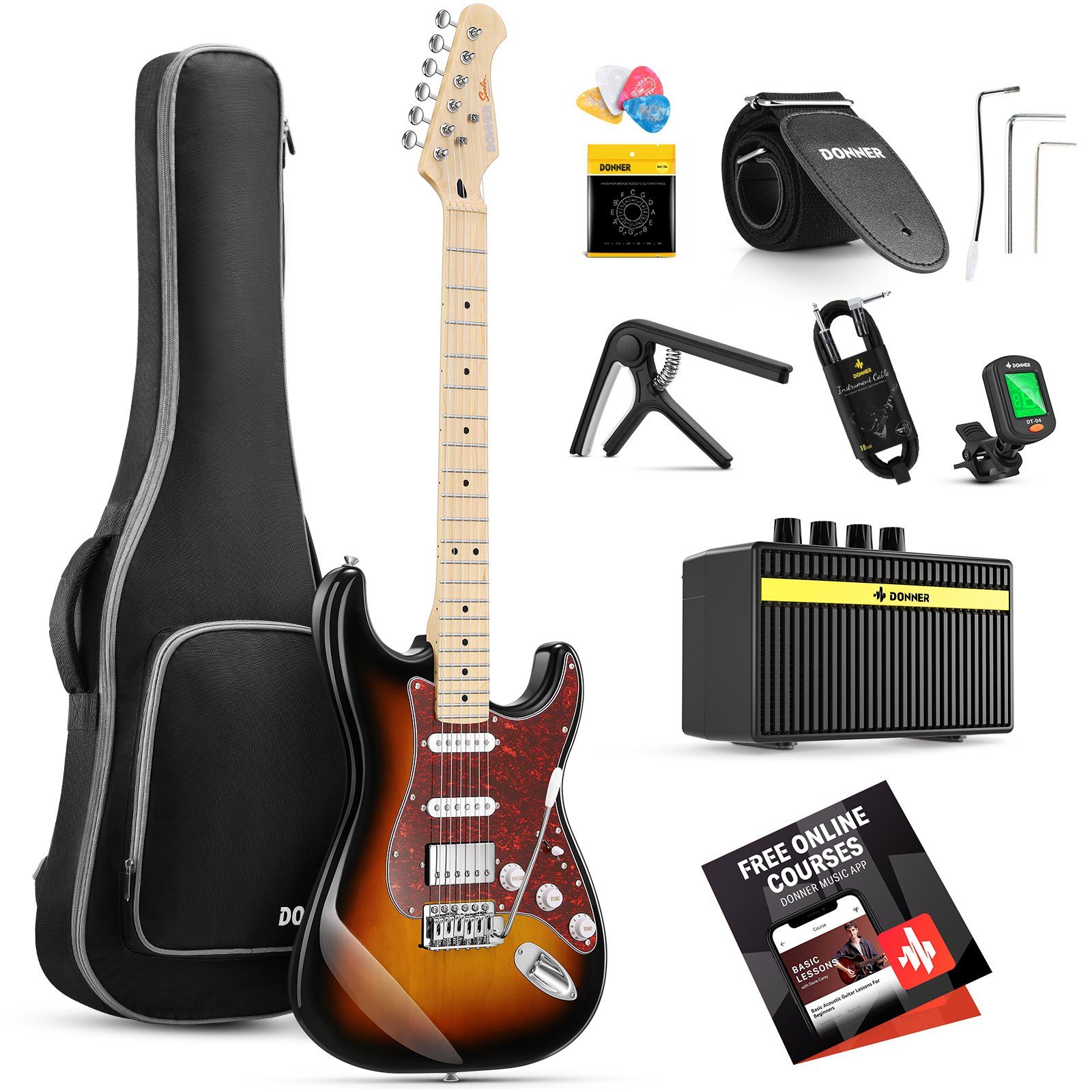 Donner E-Gitarre E-Gitarre 39 Zoll mit Kits für erwachsene Anfänger DST-152, Festkörper, Satz, Verstärker, Tasche, Zubehör, ST-Stil, HSS-Tonabnehmerspule geteilt