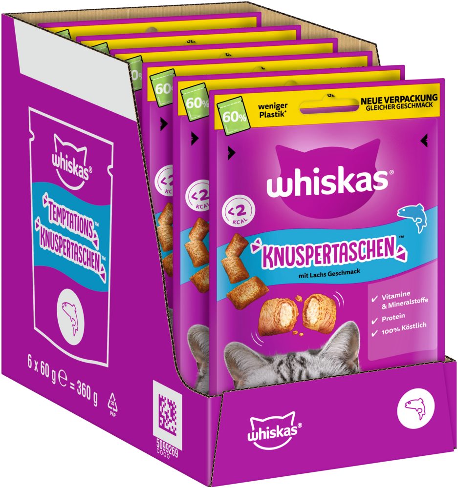 Whiskas WHISKAS® KNUSPERTASCHEN™ mit Lachs Geschmack 6 x 60g, Snack für: Katze