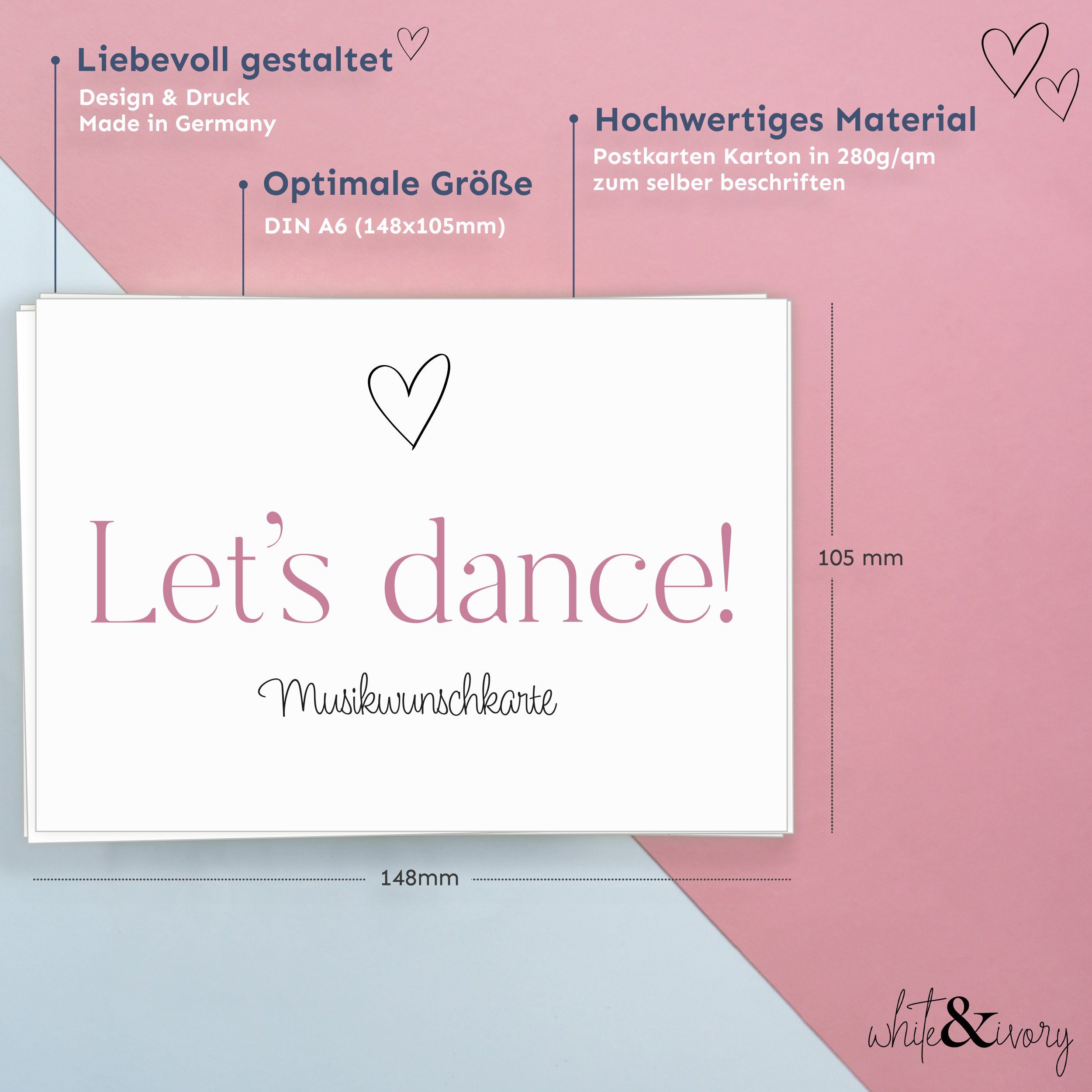 white & ivory Papierdekoration Musikwunschkarte, Herz rosa, 50 Stück, beschreibbar