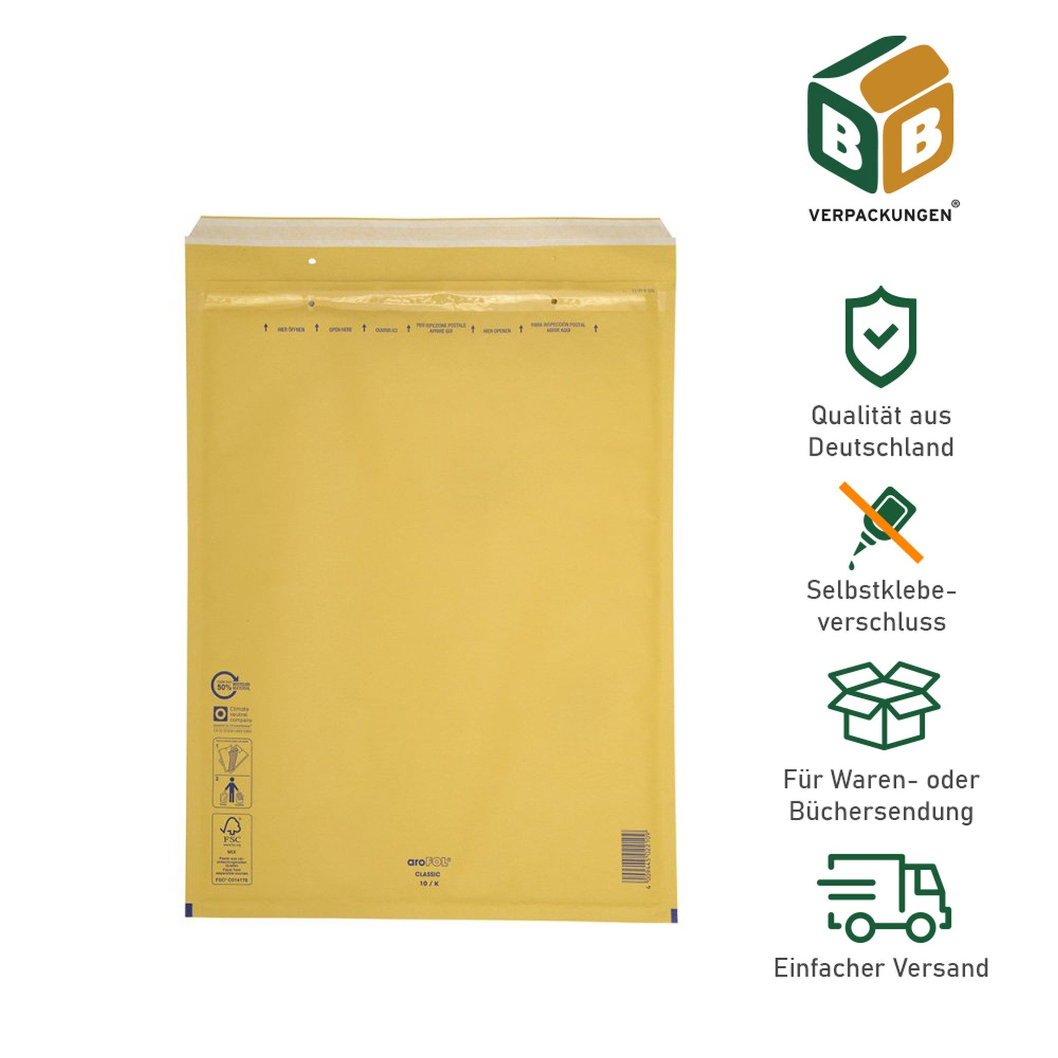 BB-Verpackungen Versandtasche Luftpolsterversandtasche, 355 x 470 mm, Größe: 10 / K, braun