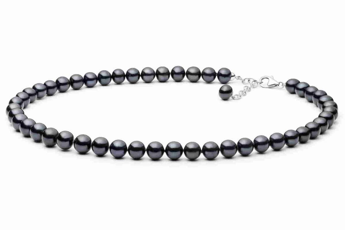 Gaura Pearls Perlenkette schwarz, rund, 9 mm, 45-48 cm, 925er Sterlingsilber, rhodiniert